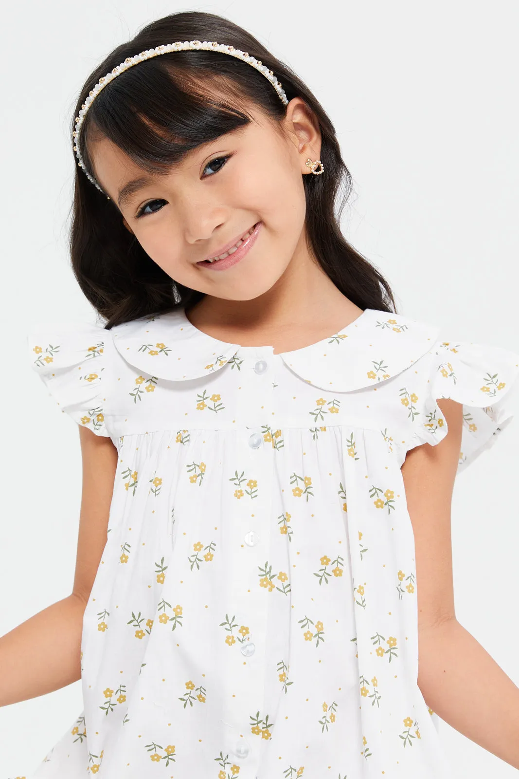 Girls White Peter Pan Printed Shirt Dress