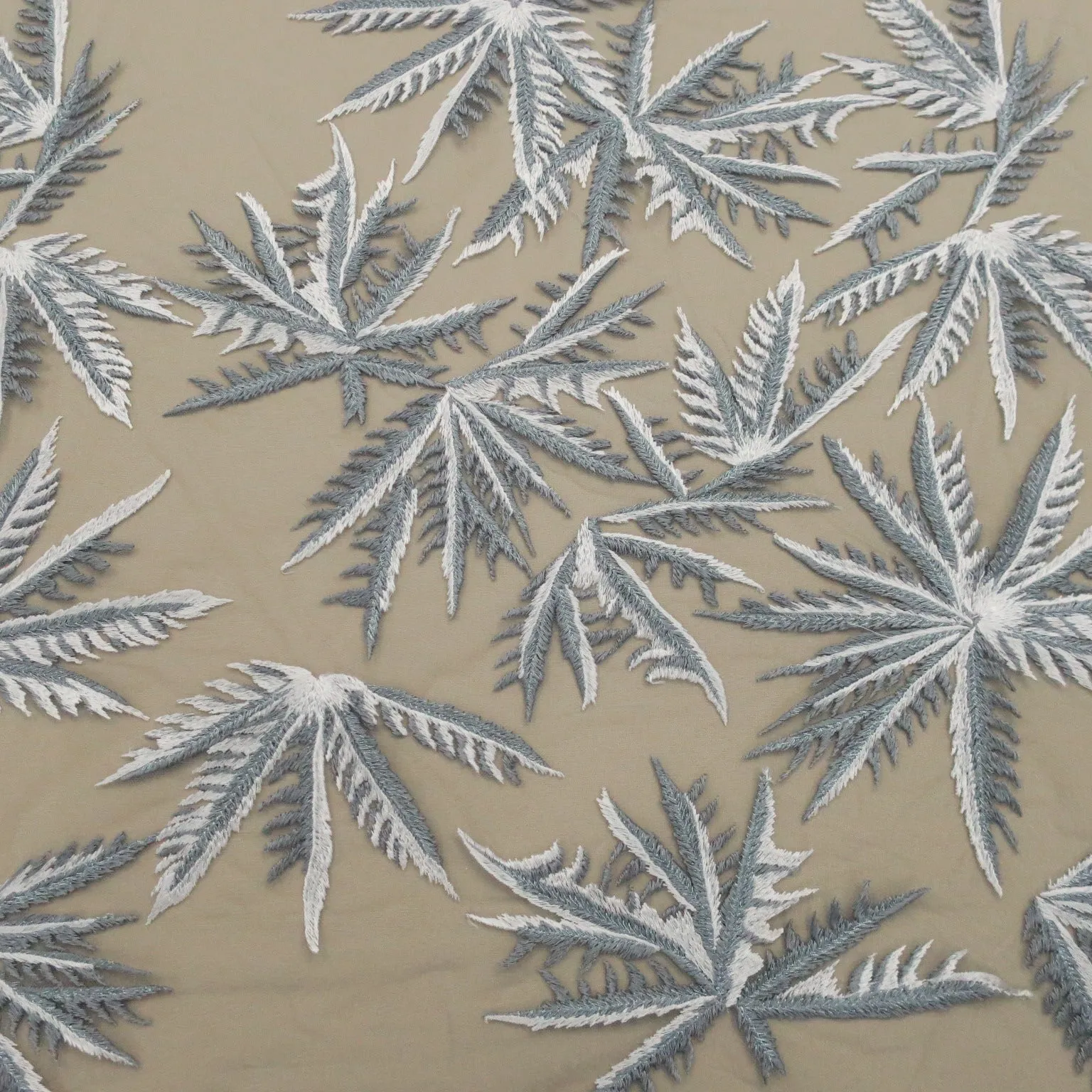 Gray and Silver Palm Leaves Embroidered Tulle Fabric