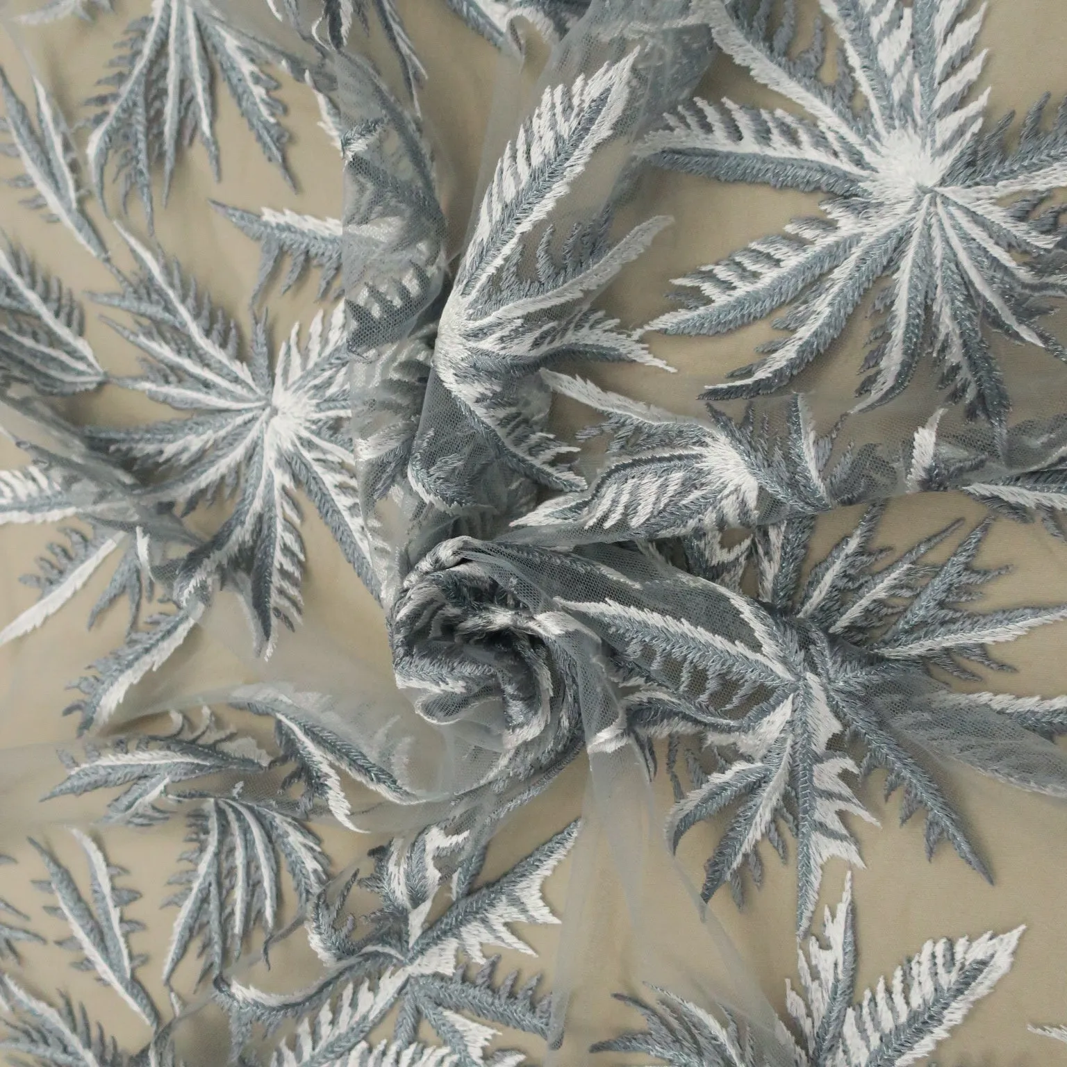 Gray and Silver Palm Leaves Embroidered Tulle Fabric