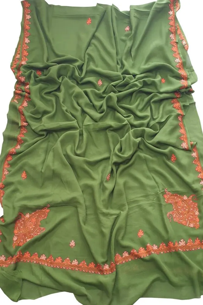 Green Embroidered Kashmiri Sozni Work Crepe Flower Design Saree