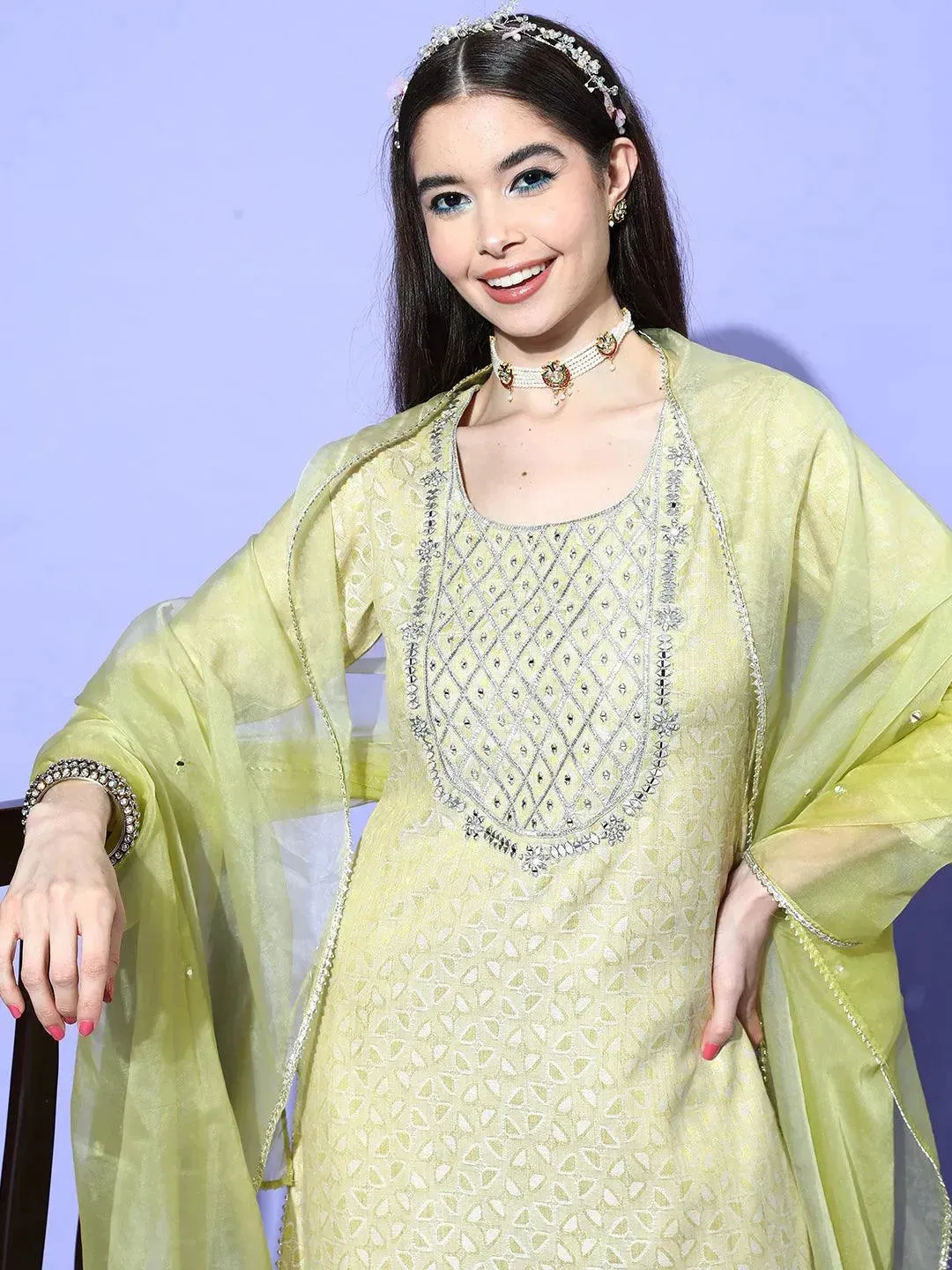 Green Yoke Design Cotton Straight Kurta With Sharara & Dupatta