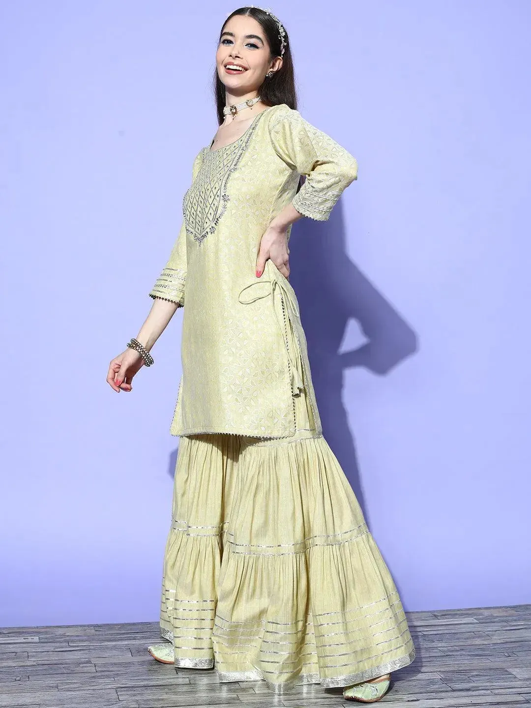 Green Yoke Design Cotton Straight Kurta With Sharara & Dupatta