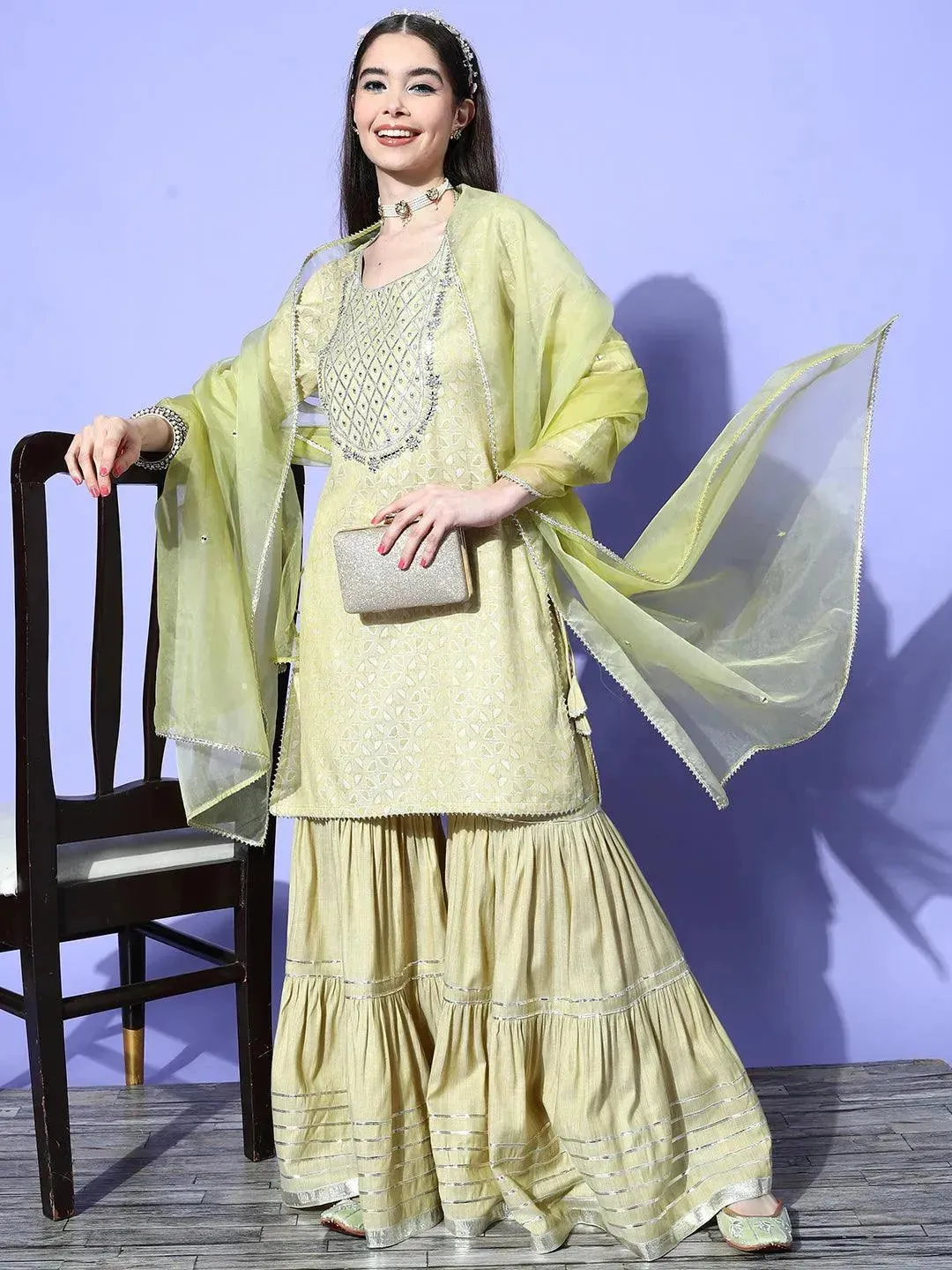 Green Yoke Design Cotton Straight Kurta With Sharara & Dupatta