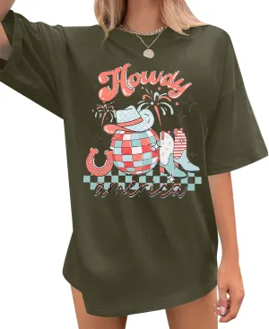 Howdy American Western Shirt Red White Blue Graphic 4th of July Shirt Oversized Tee Tops