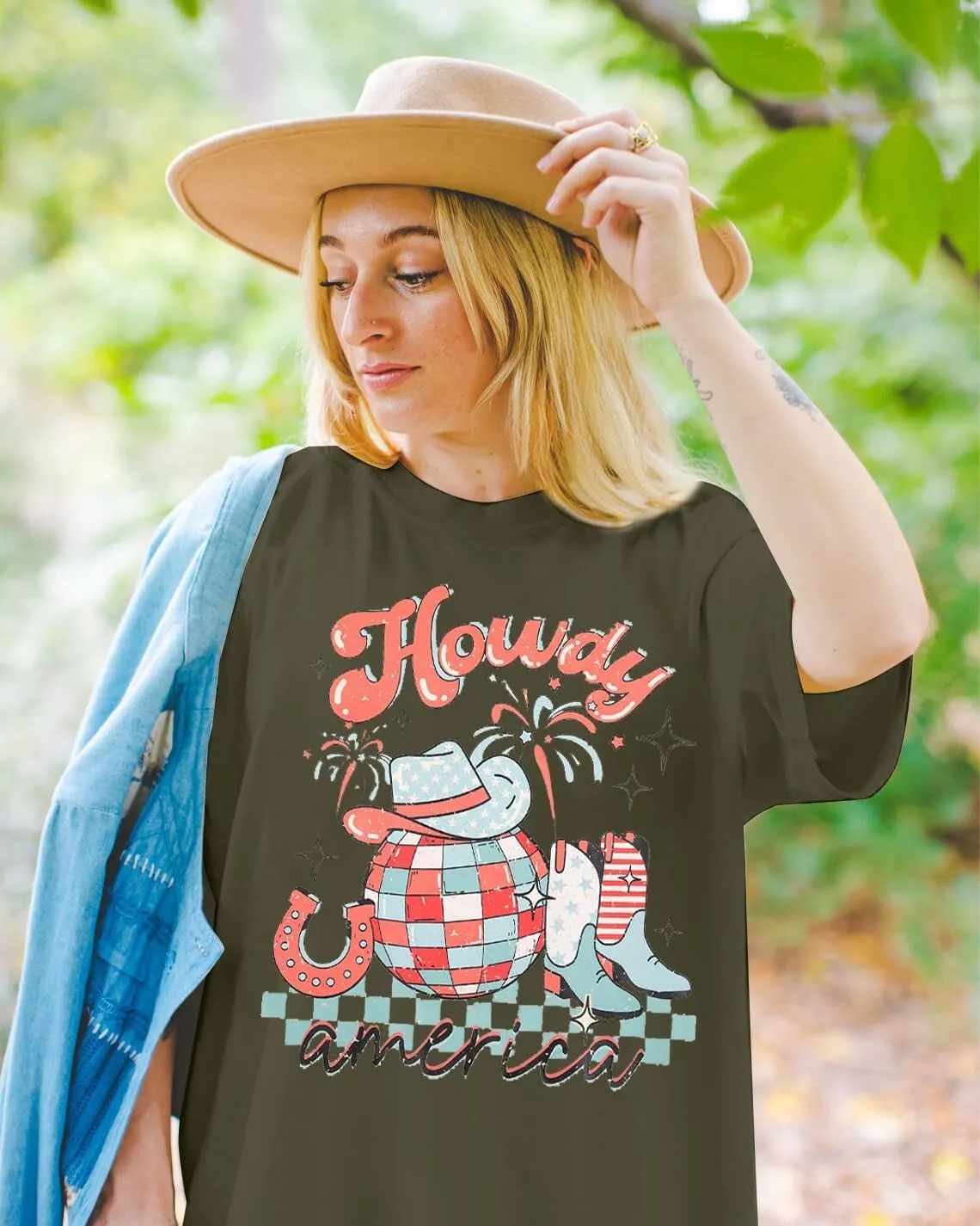 Howdy American Western Shirt Red White Blue Graphic 4th of July Shirt Oversized Tee Tops