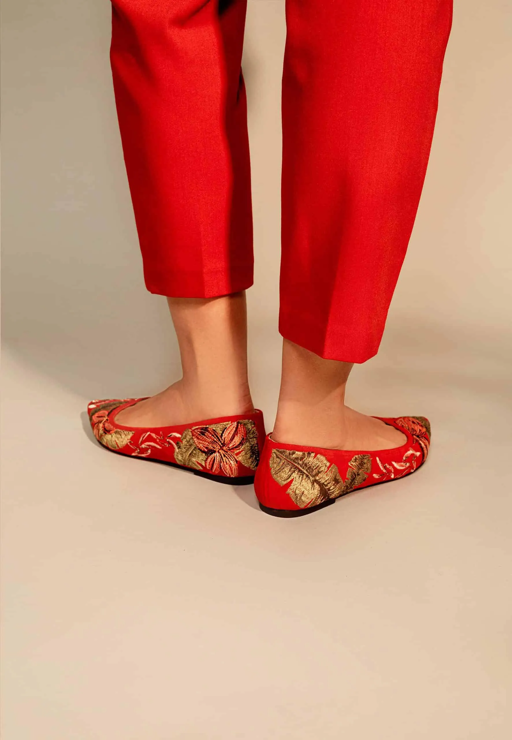 Ladies Red Suede Ballerinas with Floral Embroidery
