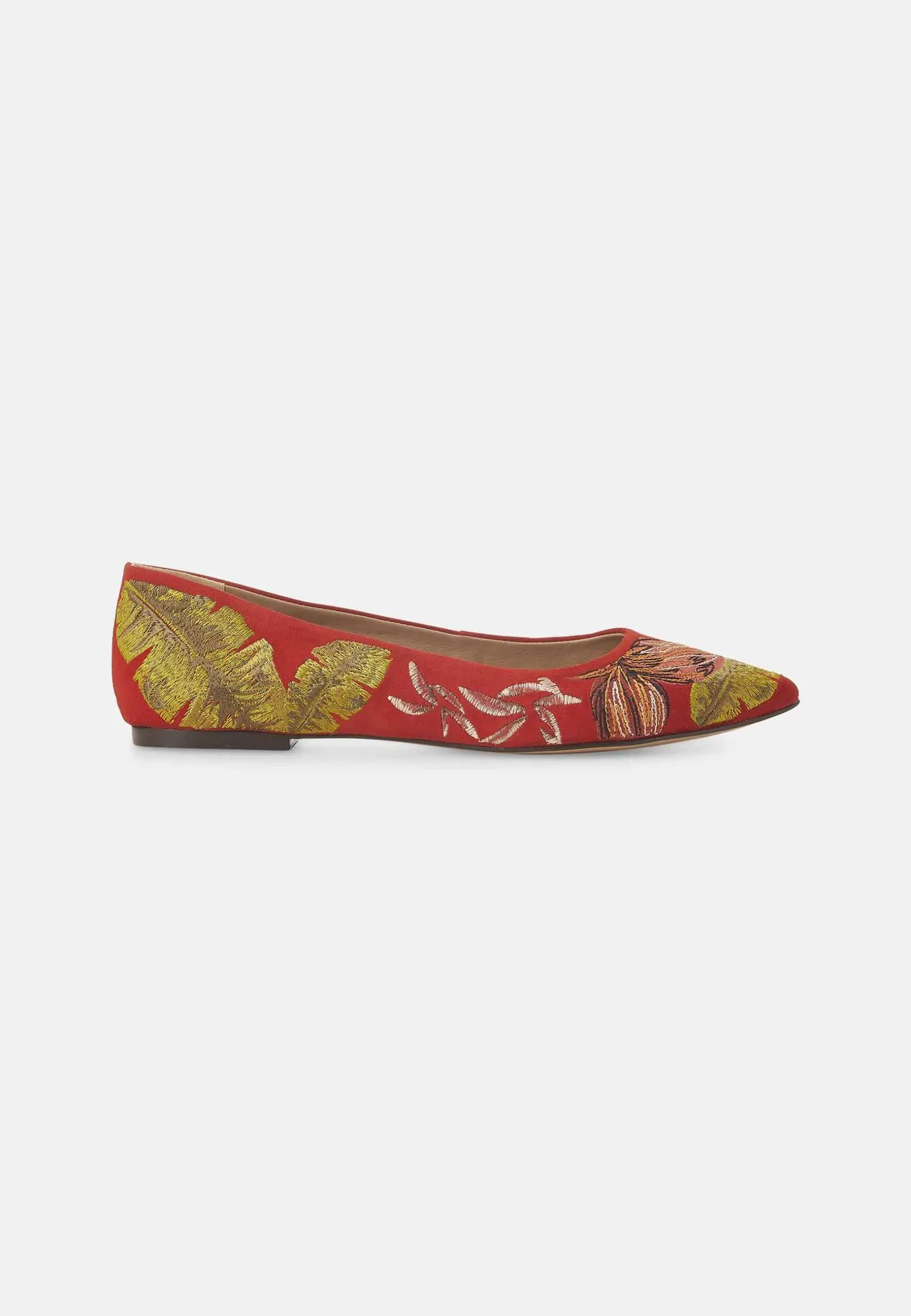 Ladies Red Suede Ballerinas with Floral Embroidery