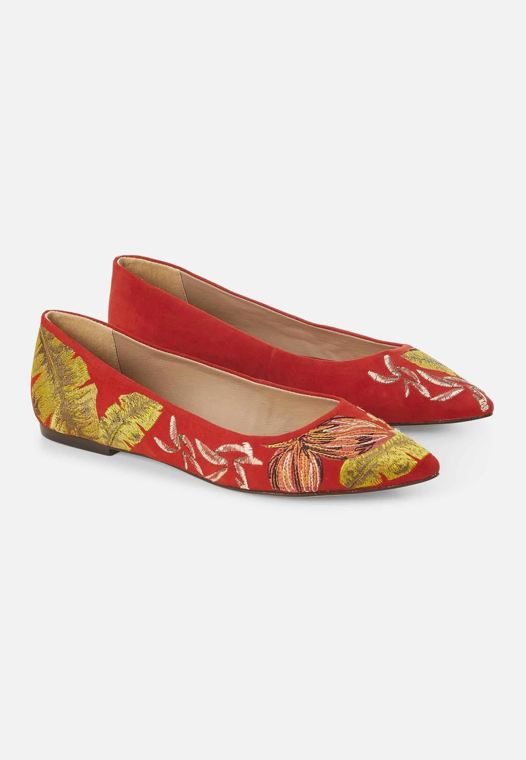 Ladies Red Suede Ballerinas with Floral Embroidery