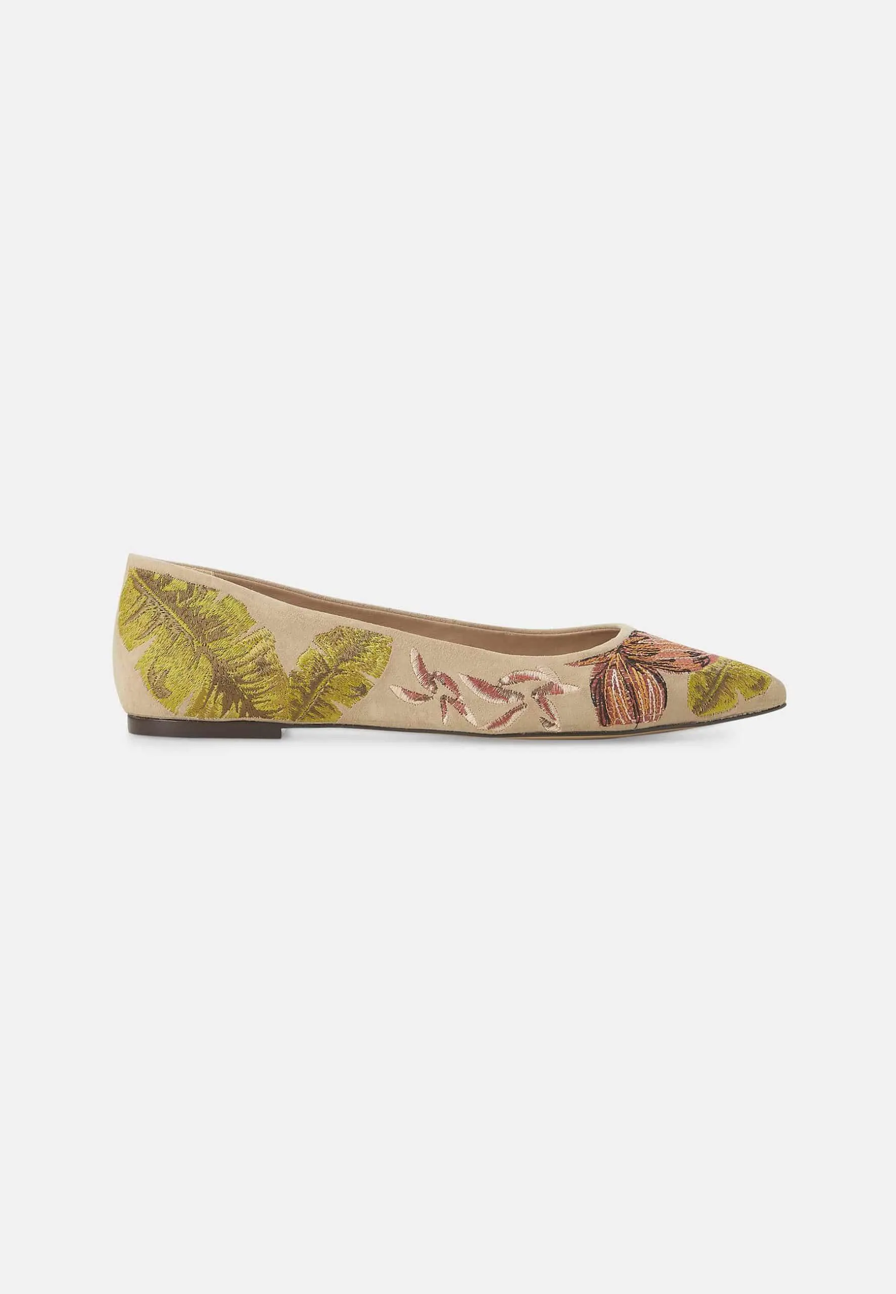 Ladies Red Suede Ballerinas with Floral Embroidery
