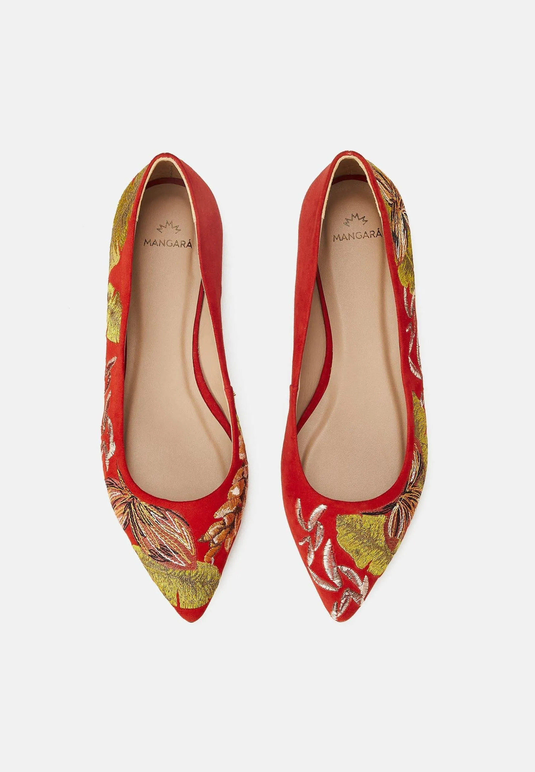 Ladies Red Suede Ballerinas with Floral Embroidery