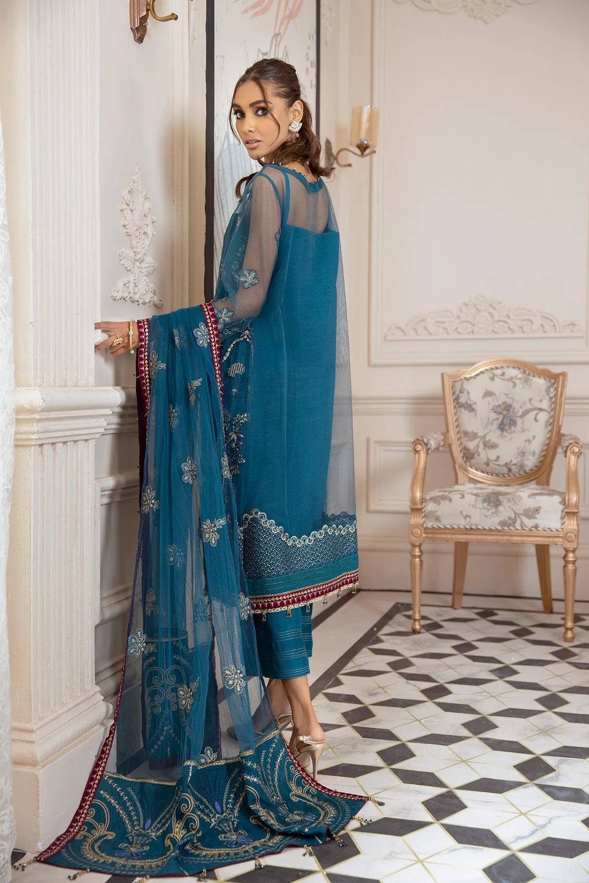 Latest Gown Dress Pakistani in Turquoise Shade #PF389