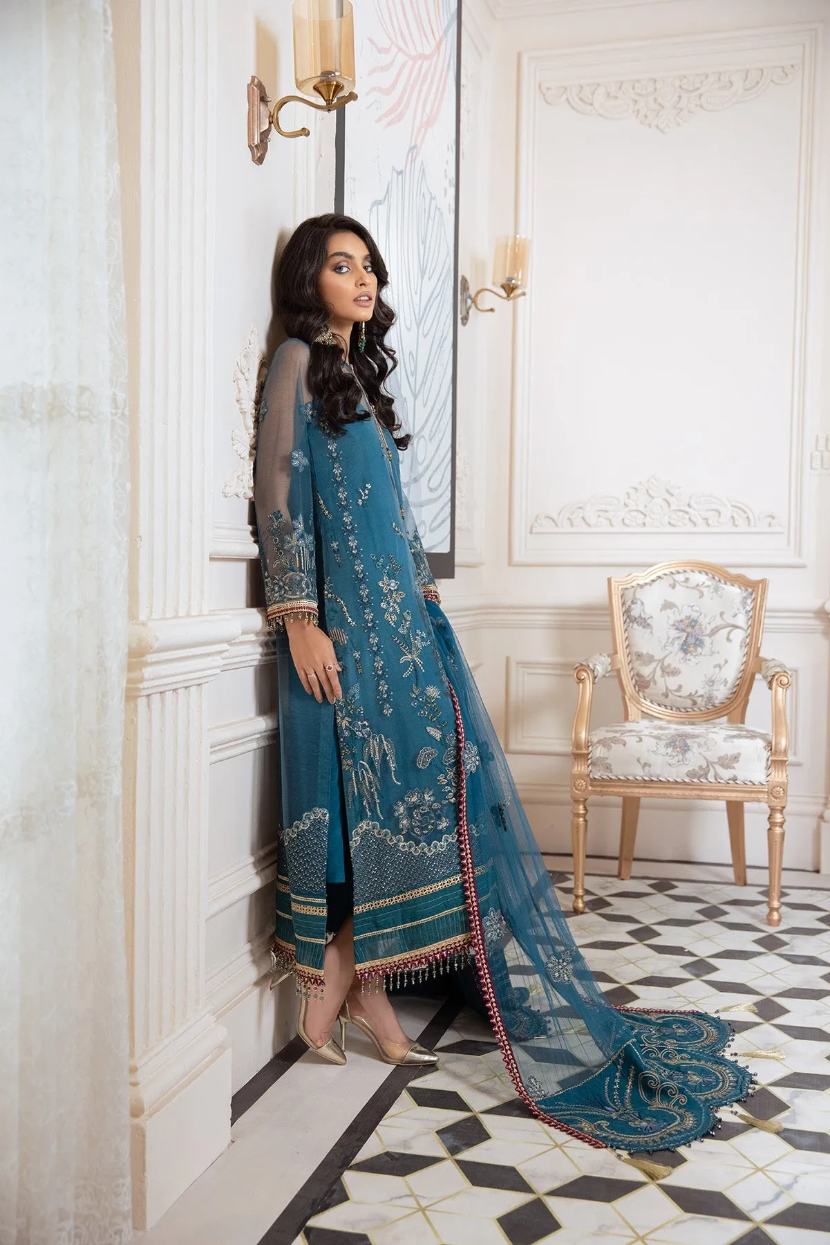 Latest Gown Dress Pakistani in Turquoise Shade #PF389