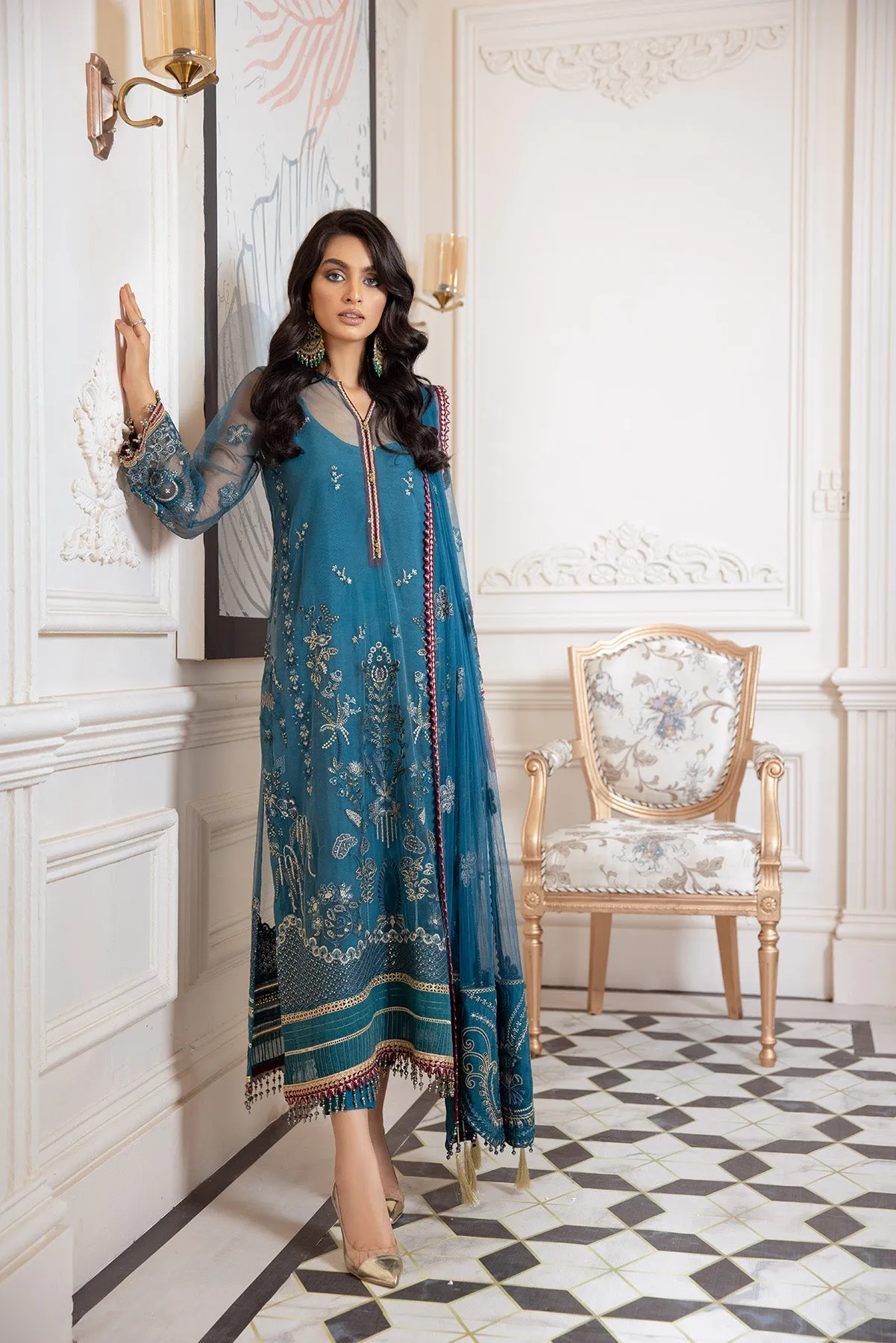 Latest Gown Dress Pakistani in Turquoise Shade #PF389