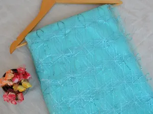 Light Aqua Geometric Blue Thread & Sequins Geometric Embroidered Net Fabric