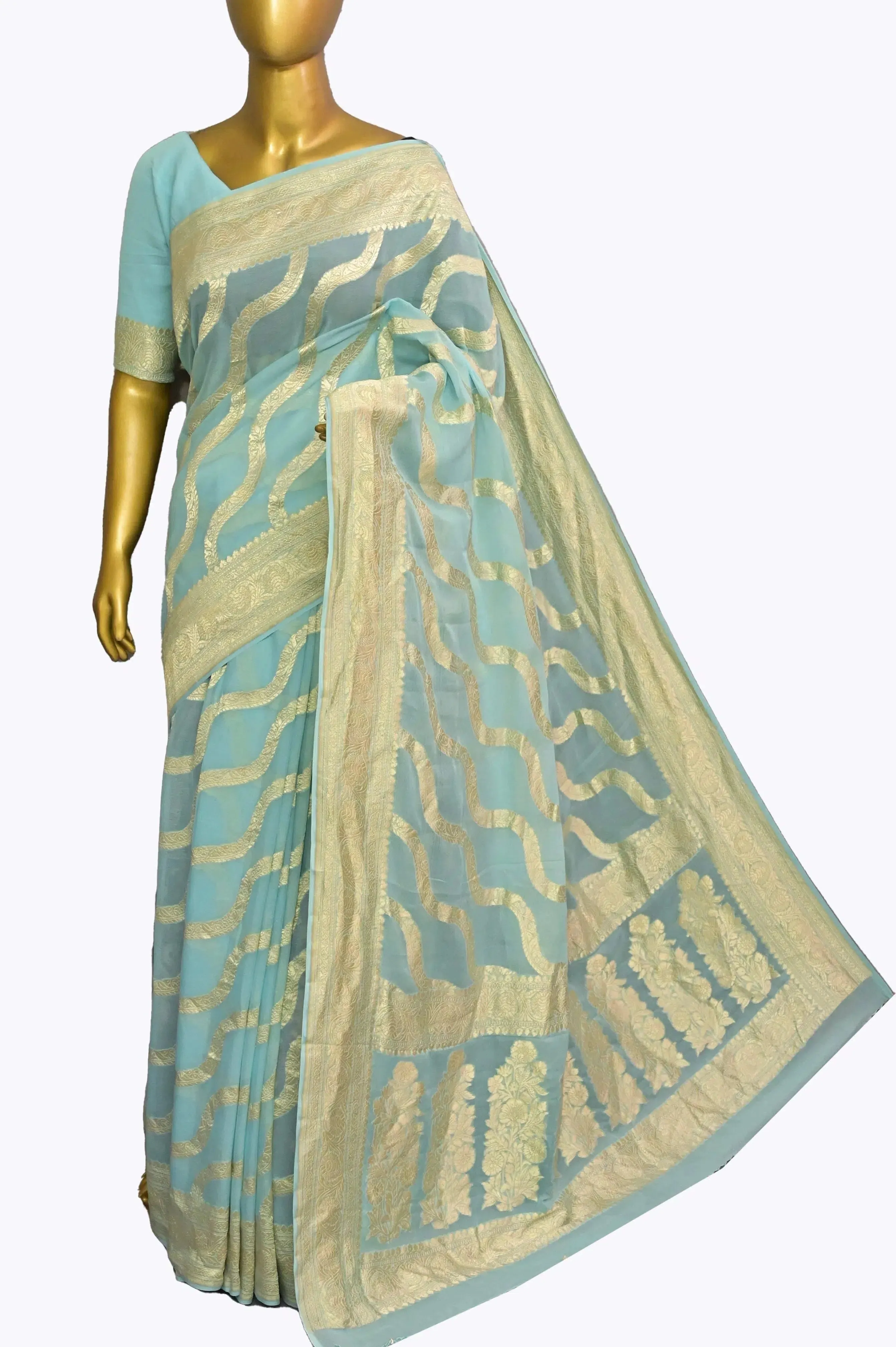 Light Blue Color Pure Georgette Banarasi Saree with Leheriya Pattern Zari Work