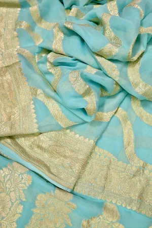Light Blue Color Pure Georgette Banarasi Saree with Leheriya Pattern Zari Work