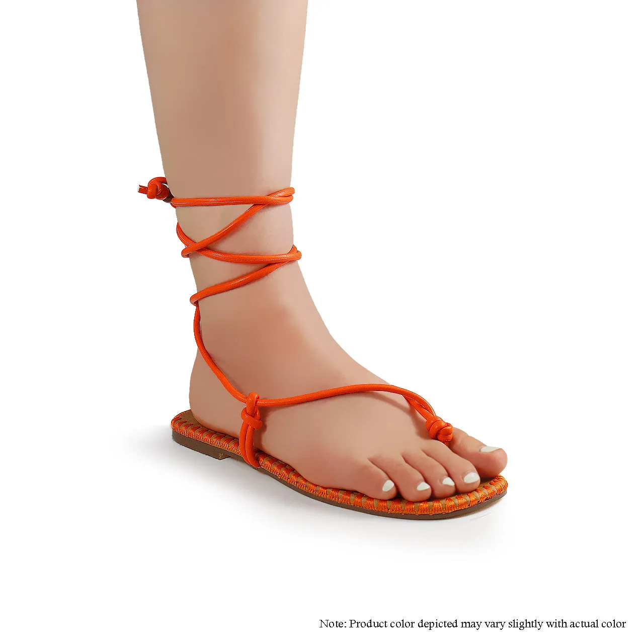 LOUBI-1 THONG TIE UP SANDAL WITH MIDSOLE STITCHING EMBROIDERY DESIGN-ORANGE