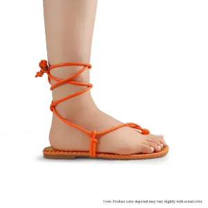 LOUBI-1 THONG TIE UP SANDAL WITH MIDSOLE STITCHING EMBROIDERY DESIGN-ORANGE