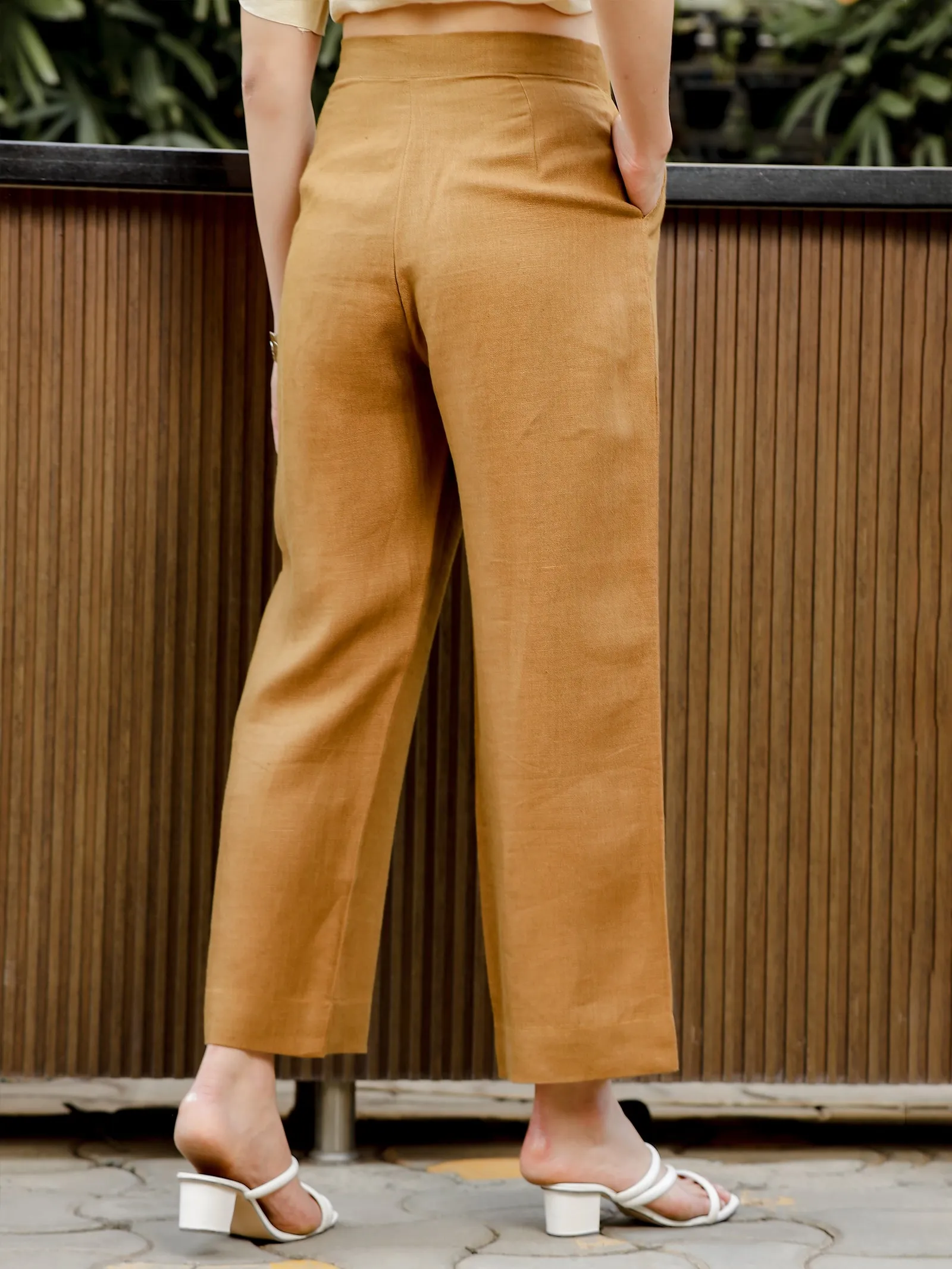 Luna - Ankle Length Pure Linen Trousers - Dark Khaki