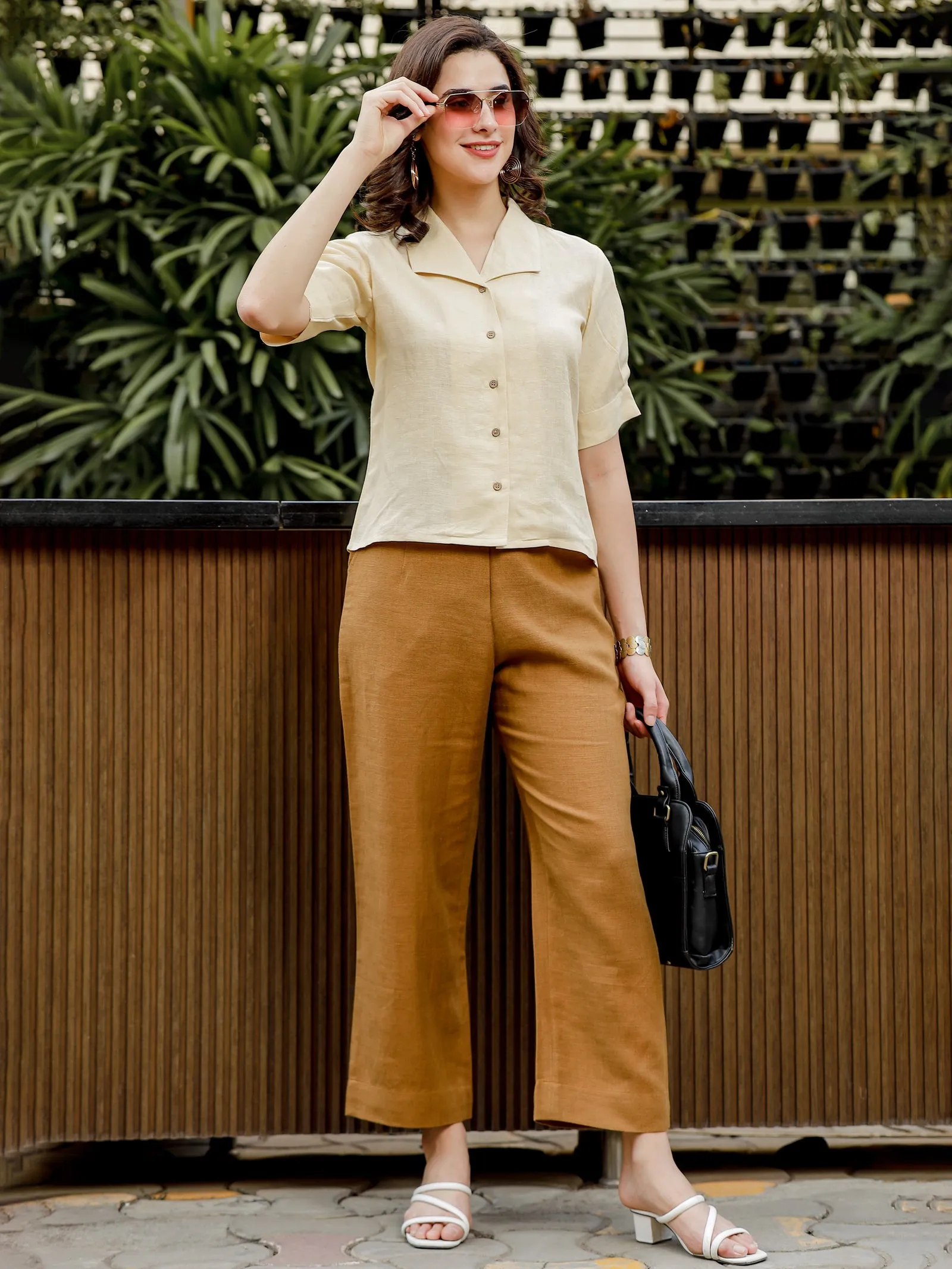 Luna - Ankle Length Pure Linen Trousers - Dark Khaki