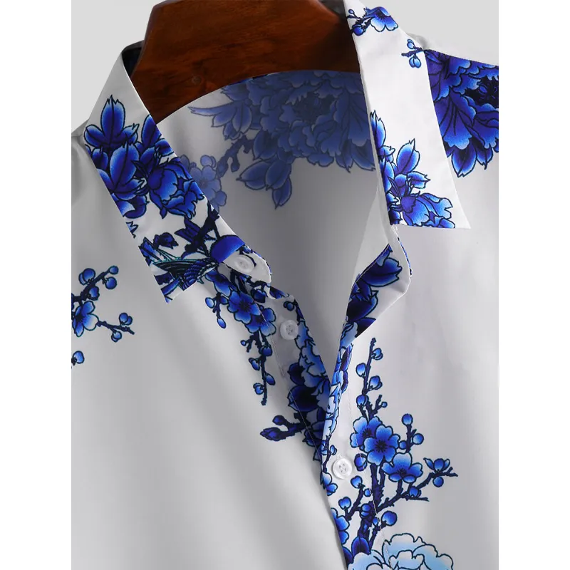 Mens Eastern Culture Porcelain Floral Printed Short Sleeve Casual Shirts