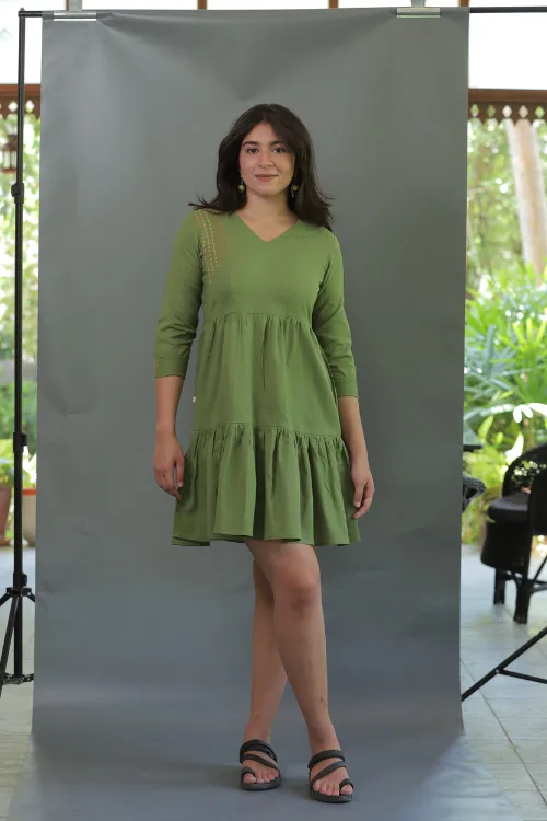 Moralfibre Olive Green Minimal Embroidered Short Dress