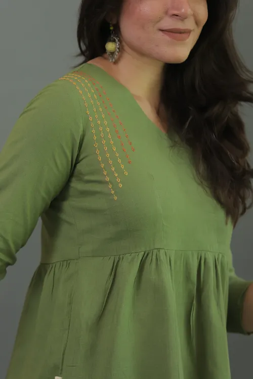 Moralfibre Olive Green Minimal Embroidered Short Dress