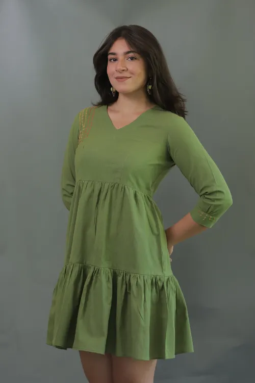 Moralfibre Olive Green Minimal Embroidered Short Dress