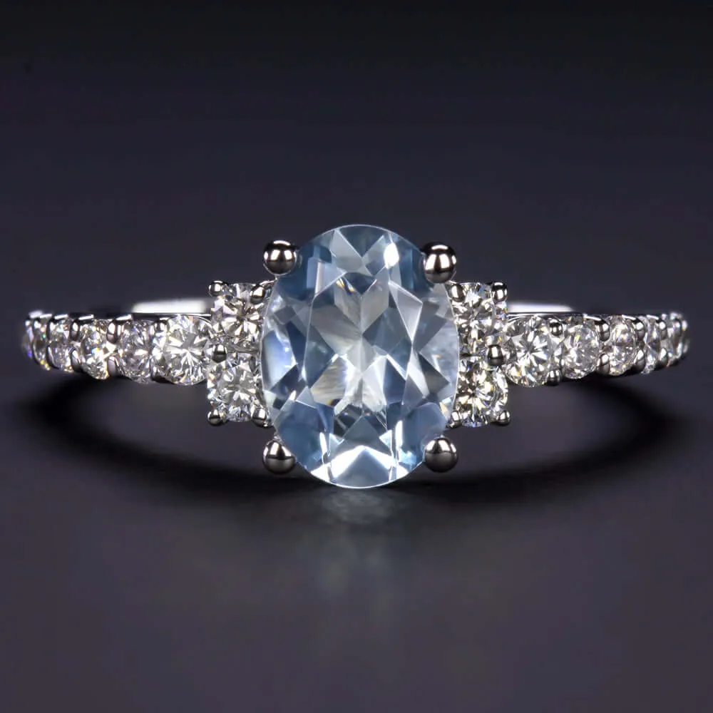 NATURAL AQUAMARINE DIAMOND RING OVAL SHAPE 14k WHITE GOLD BLUE PAVE BAND PROMISE