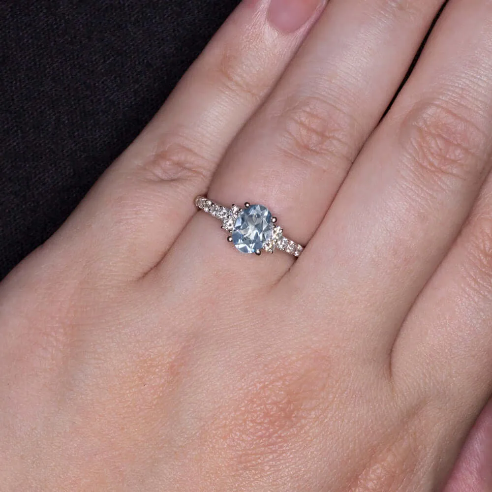 NATURAL AQUAMARINE DIAMOND RING OVAL SHAPE 14k WHITE GOLD BLUE PAVE BAND PROMISE
