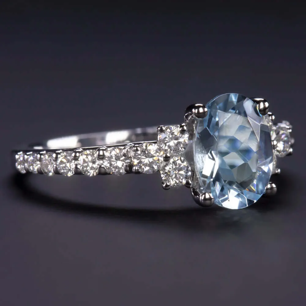 NATURAL AQUAMARINE DIAMOND RING OVAL SHAPE 14k WHITE GOLD BLUE PAVE BAND PROMISE