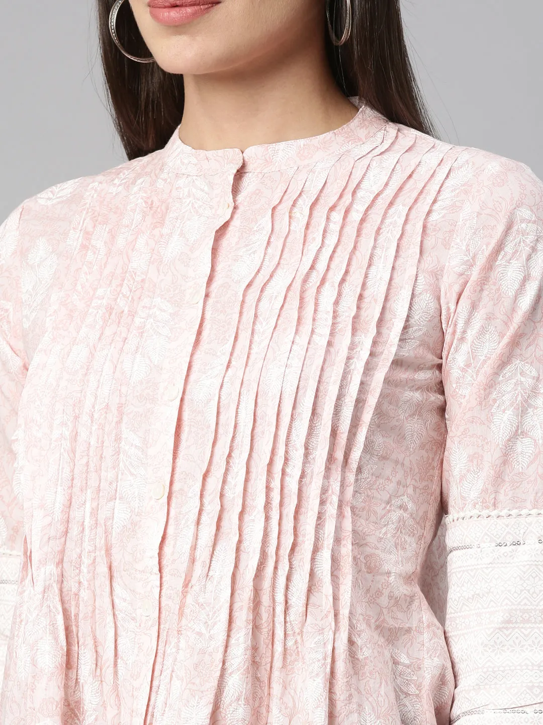 Neerus Rose Floral Printed Pure Cotton Pleated Kurti