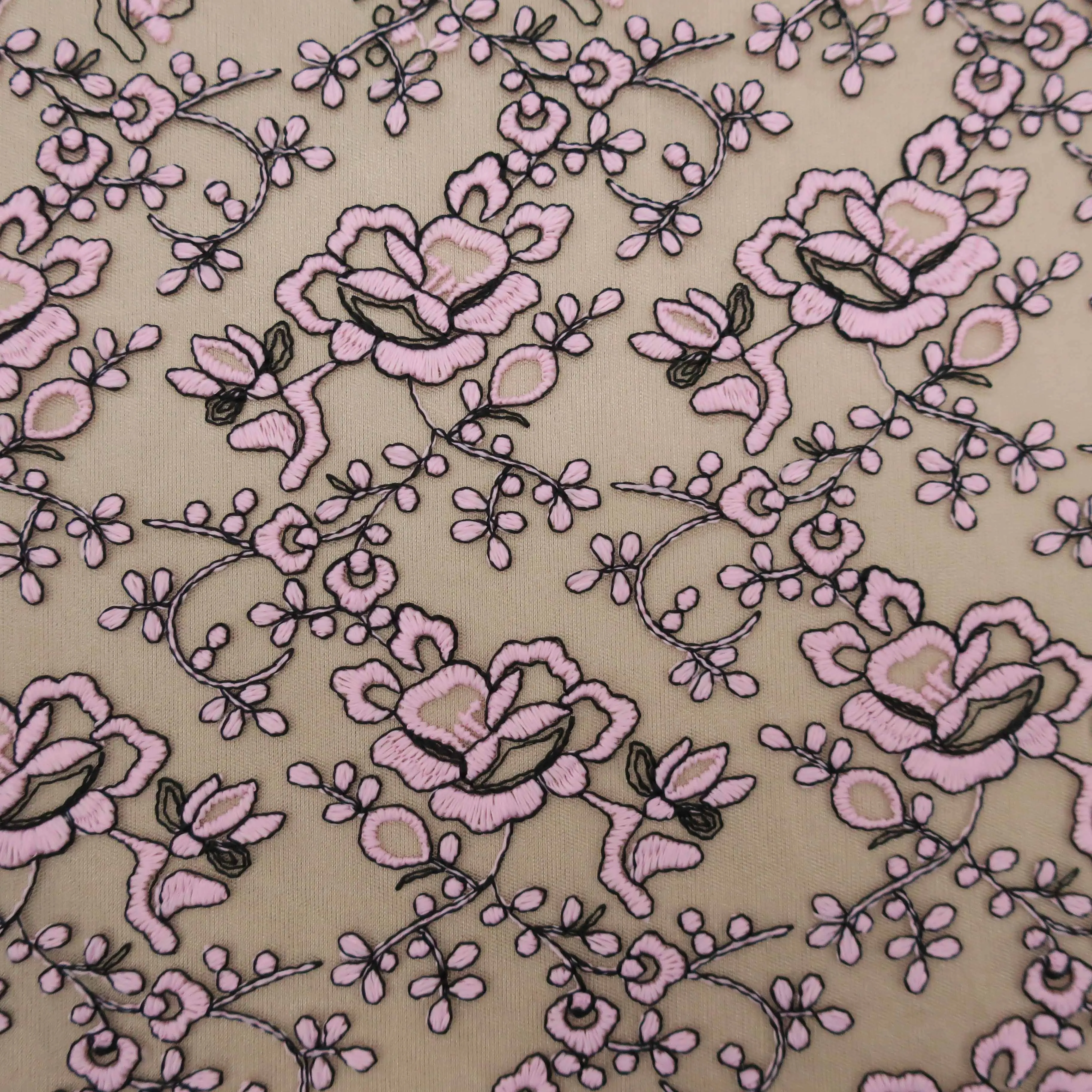 Nude Tulle with Black and Pink Floral Embroidered Fabric