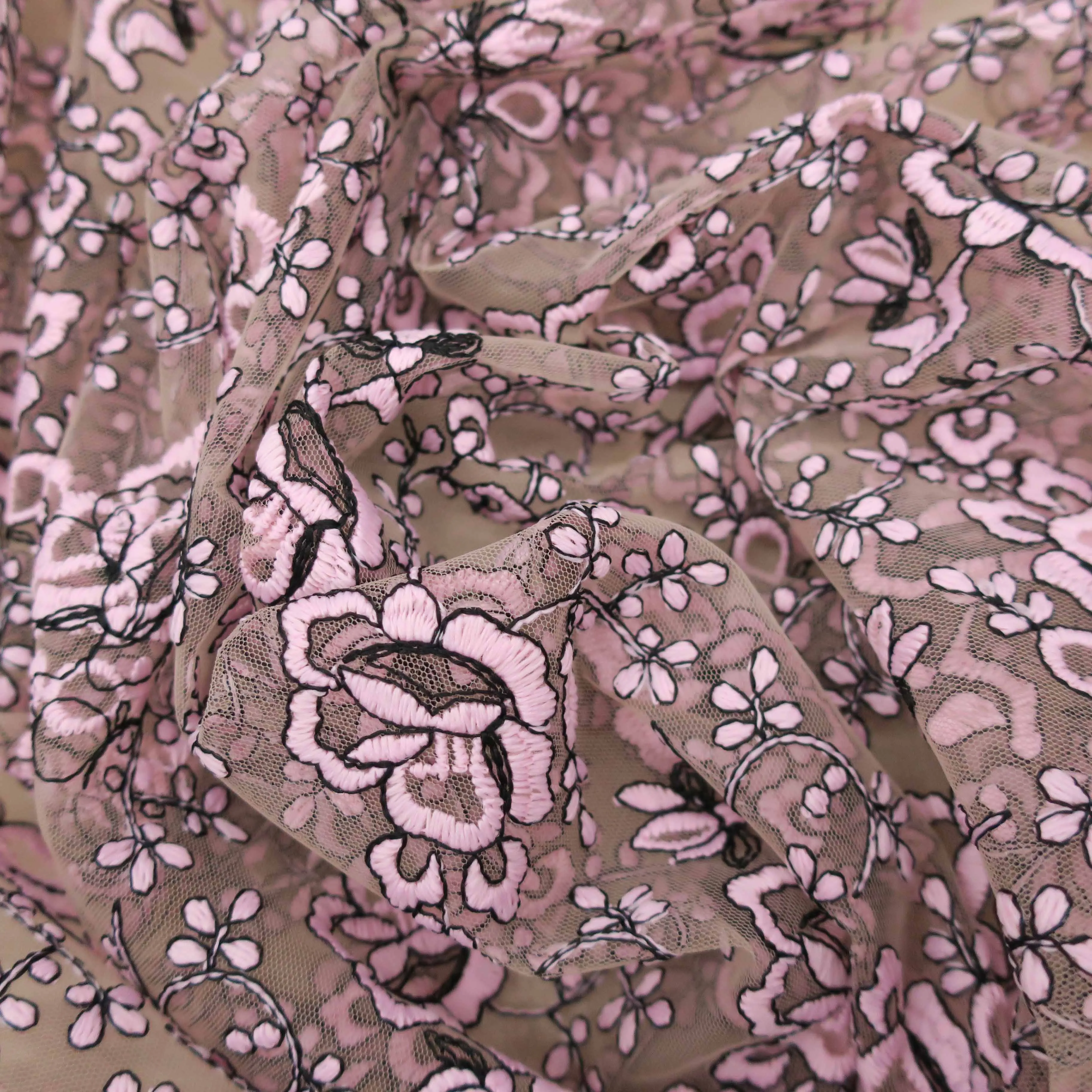 Nude Tulle with Black and Pink Floral Embroidered Fabric