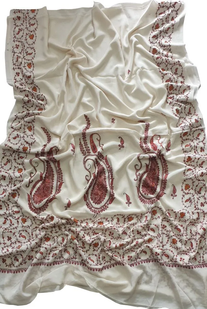 Off White Embroidered Kashmiri Sozni Work Crepe Flower Design Saree