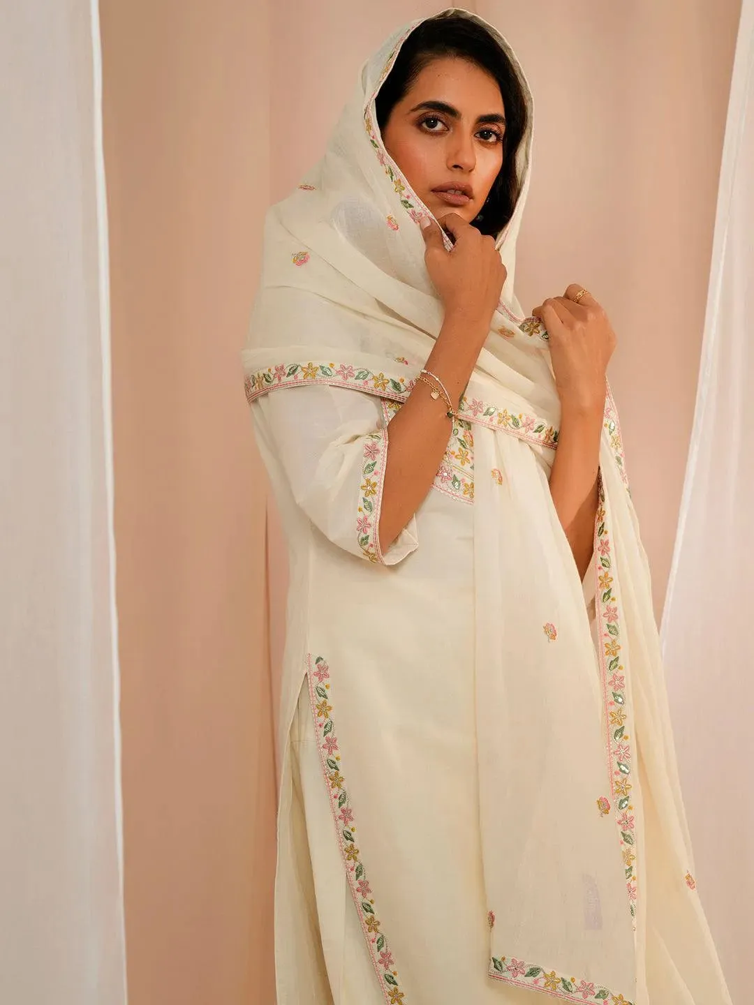 Off White Yoke Design Cotton Straight Suit With Dupatta