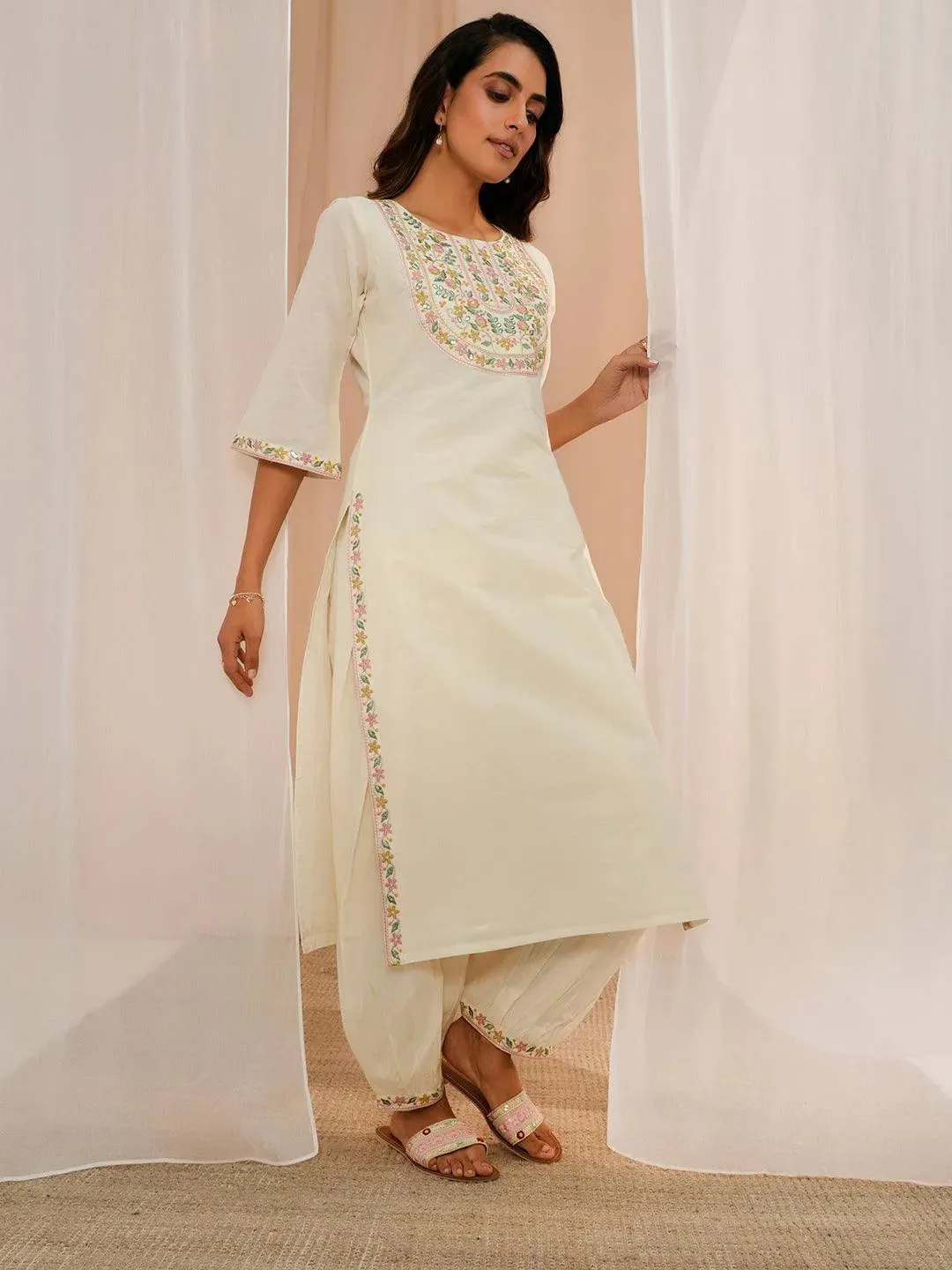 Off White Yoke Design Cotton Straight Suit With Dupatta