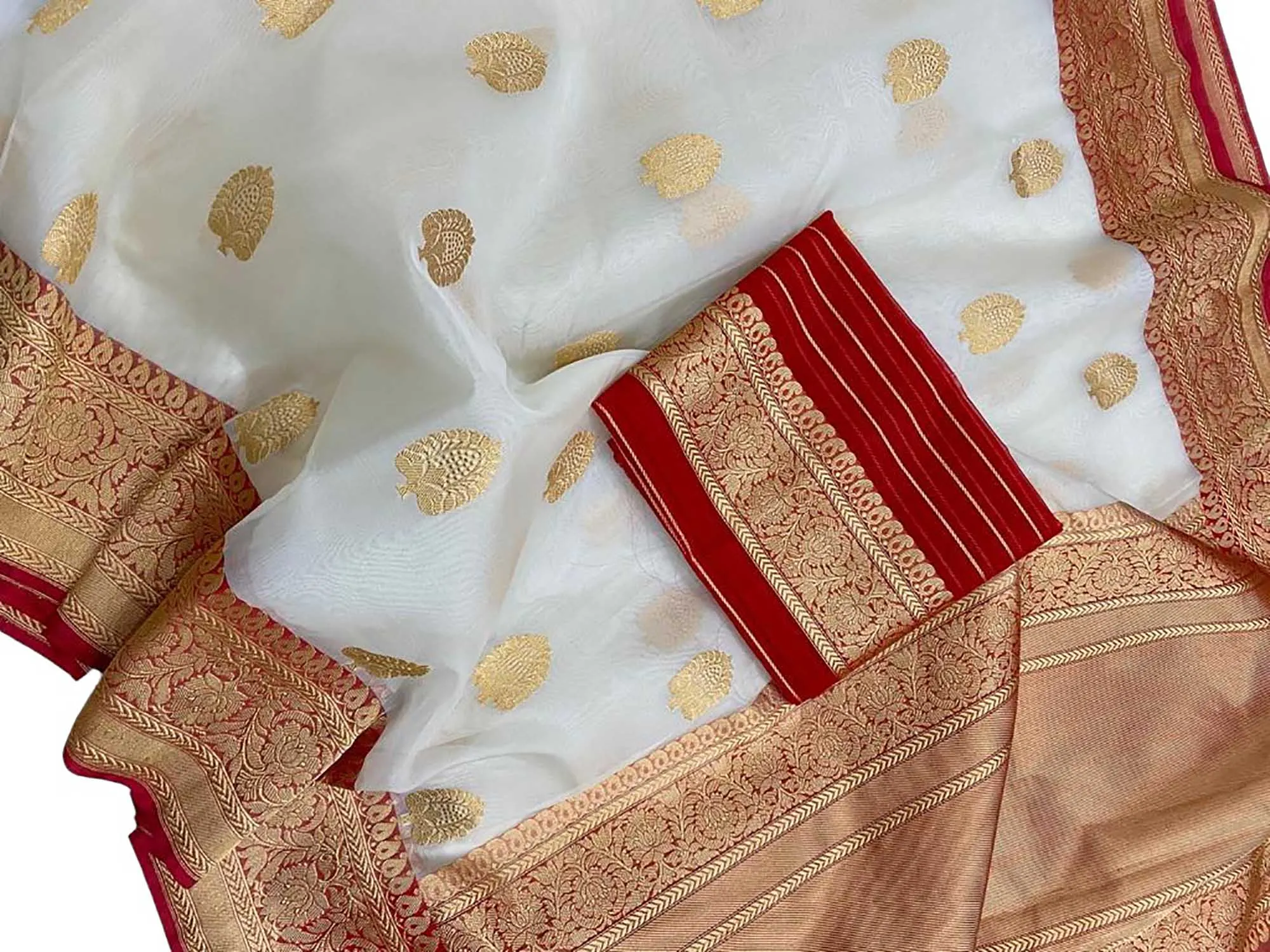 Red And Off White Handloom Banarasi Pure Kora Silk Saree