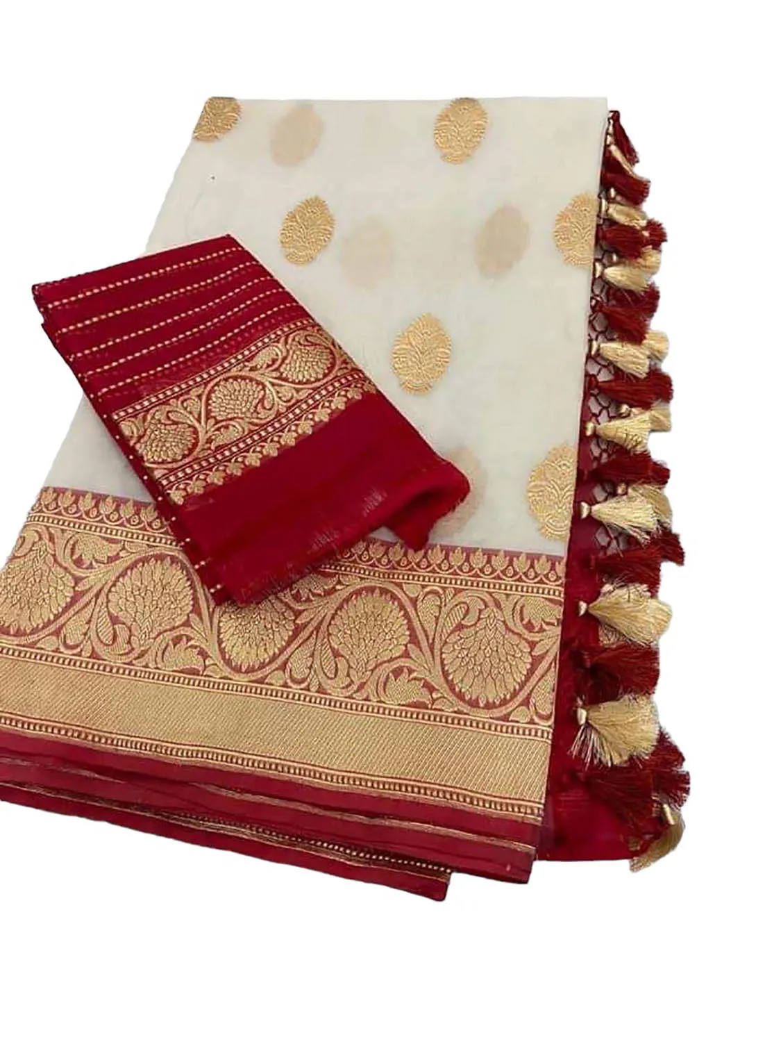 Red And Off White Handloom Banarasi Pure Kora Silk Saree
