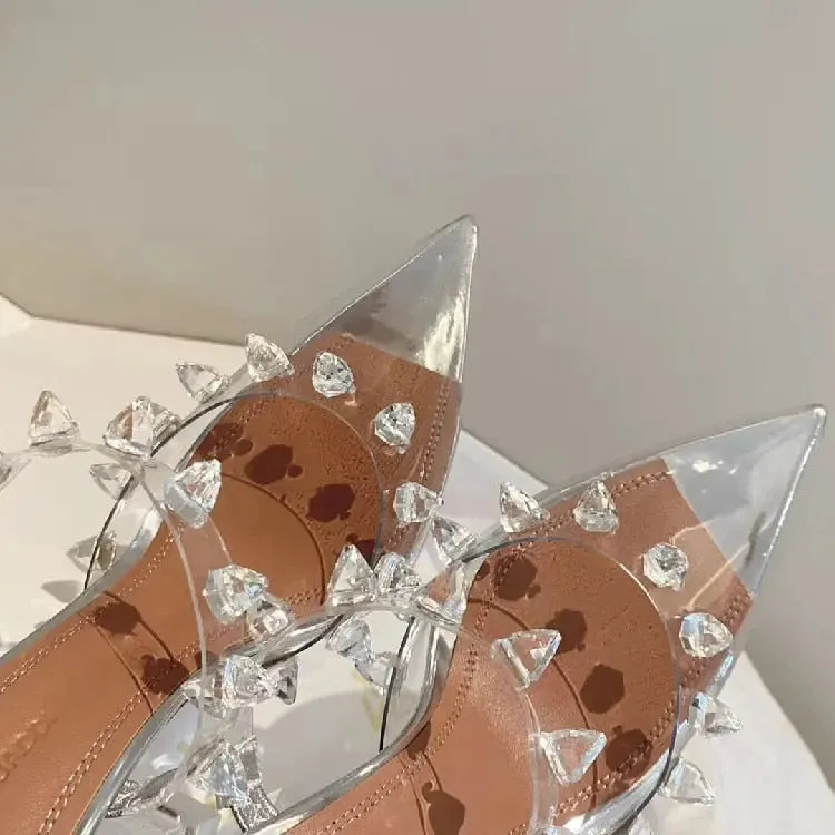 Rivet-Accented Transparent PVC Gladiator Heels for Women
