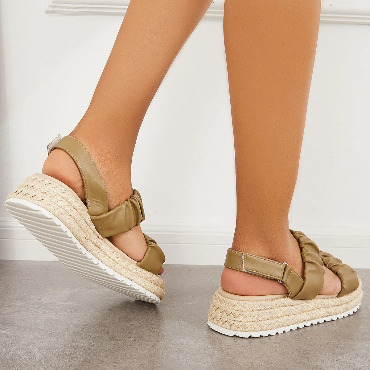 Sohiwoo  Women's Ruched Espadrilles Platform Wedges Velcro Strap Slingback Sandals