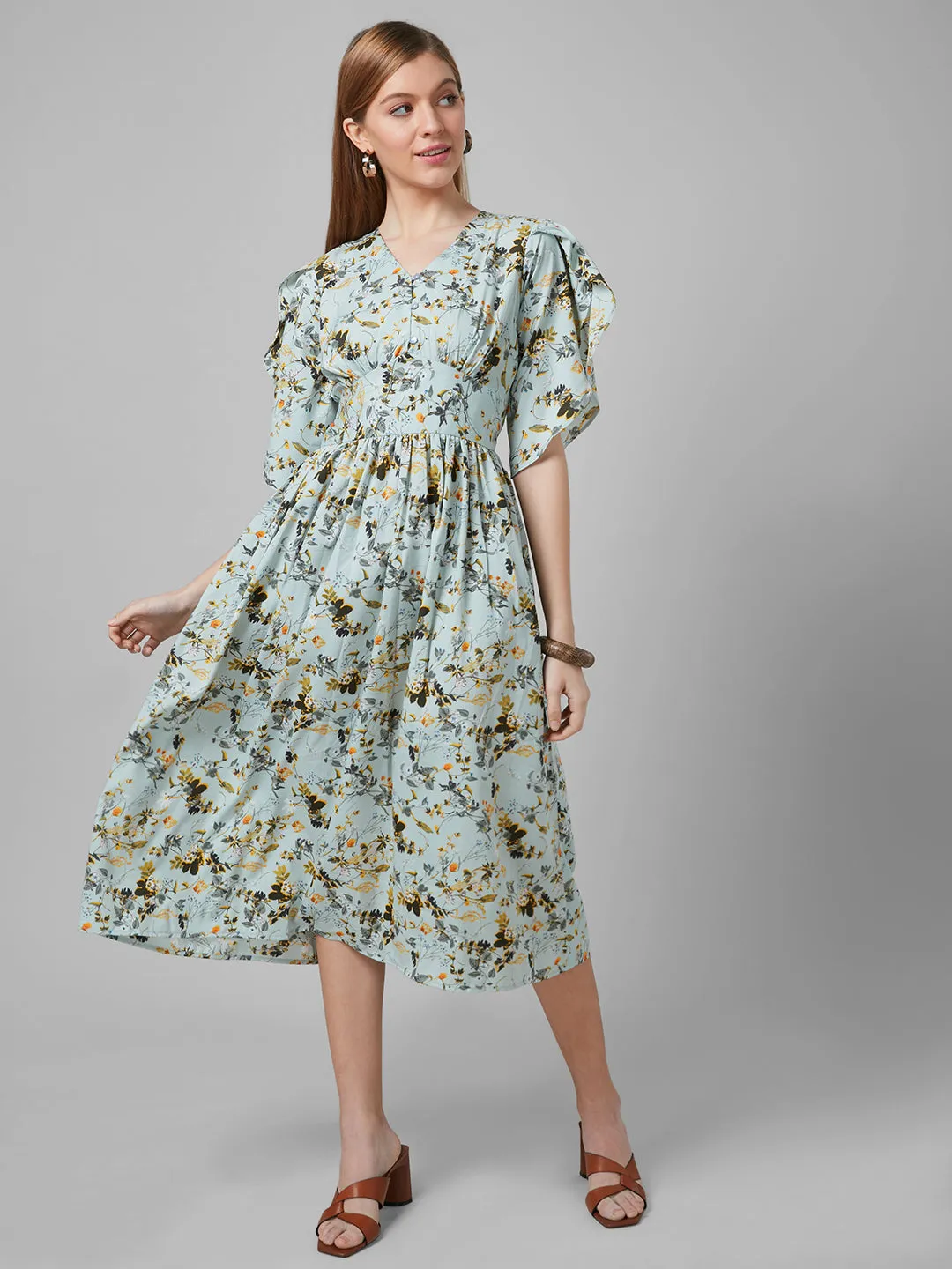 Style Quotient Women Mint Green Floral Polyester Fit and flare smart casual Midi Dress