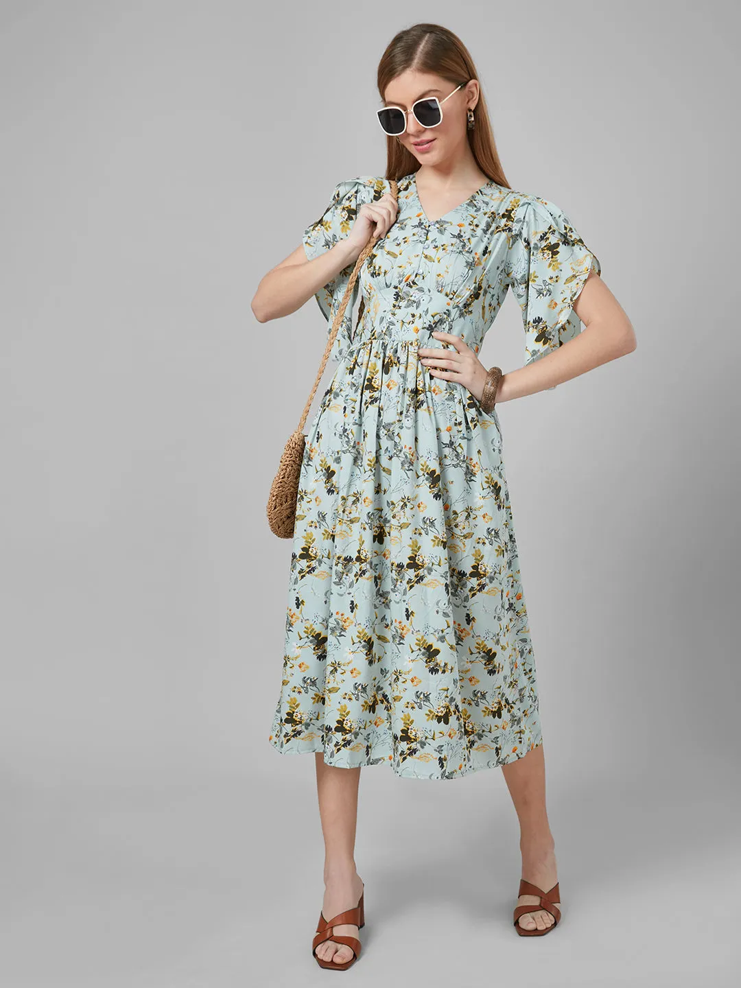 Style Quotient Women Mint Green Floral Polyester Fit and flare smart casual Midi Dress