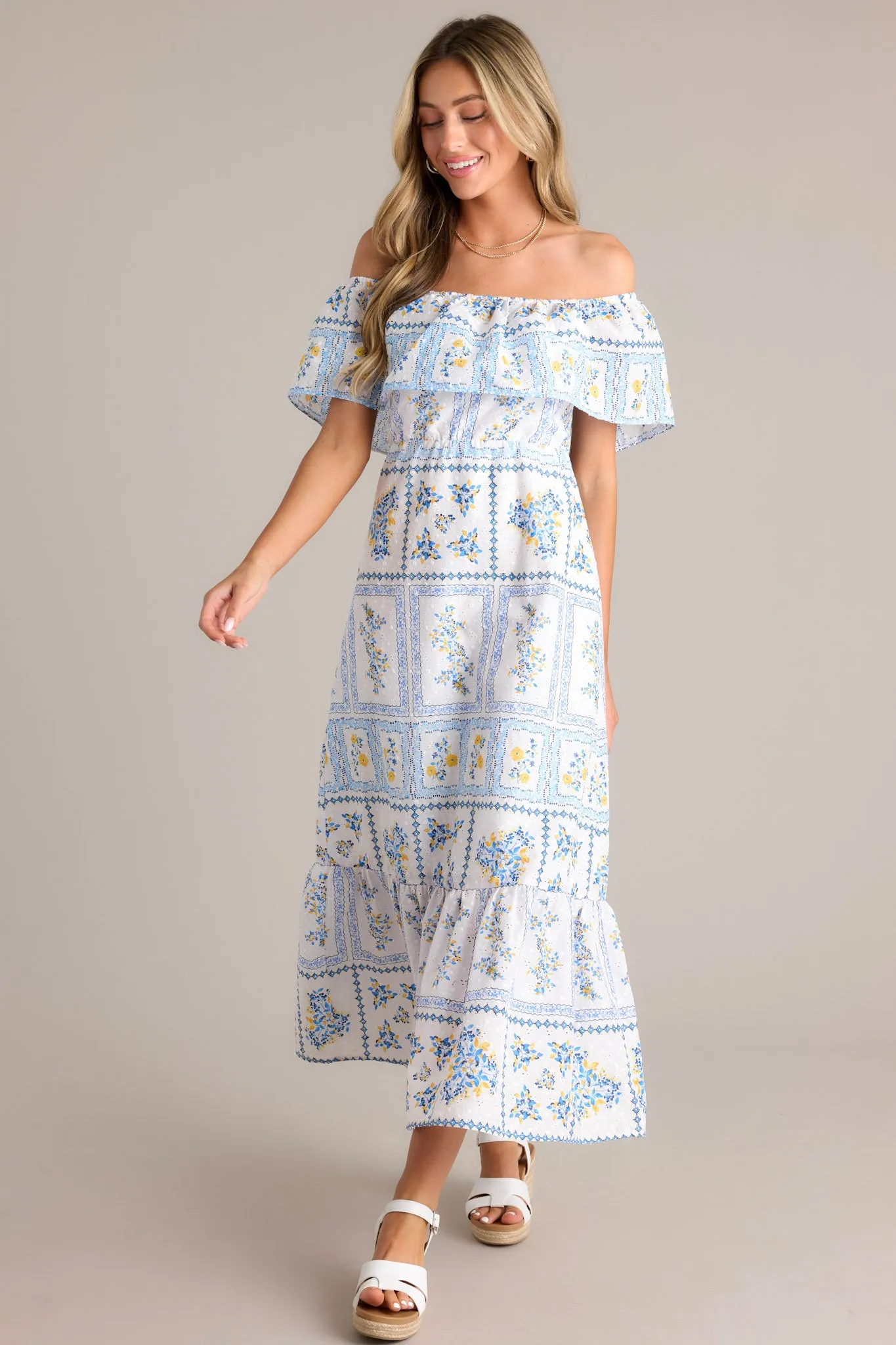 Sweet Serenity White & Blue Off The Shoulder Embroidered Maxi Dress