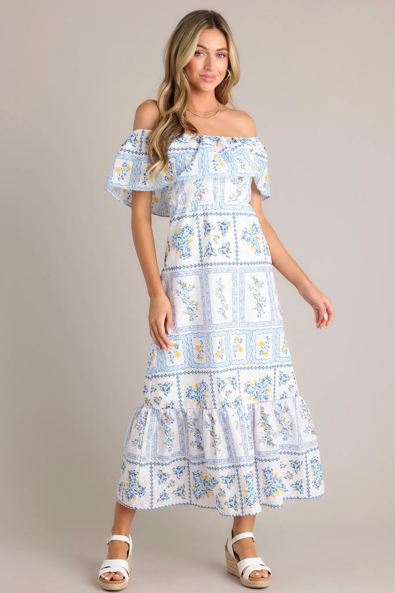 Sweet Serenity White & Blue Off The Shoulder Embroidered Maxi Dress