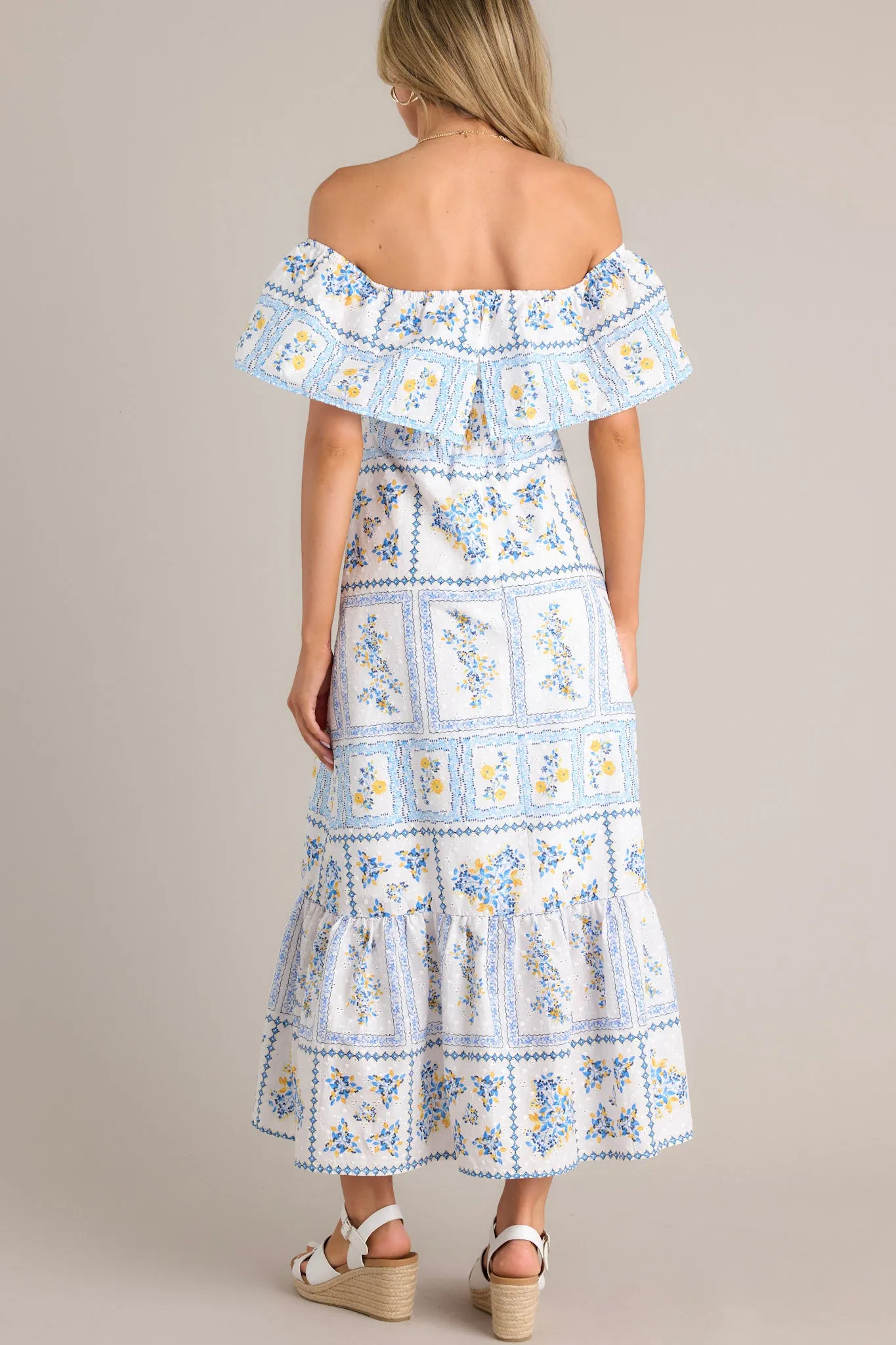 Sweet Serenity White & Blue Off The Shoulder Embroidered Maxi Dress