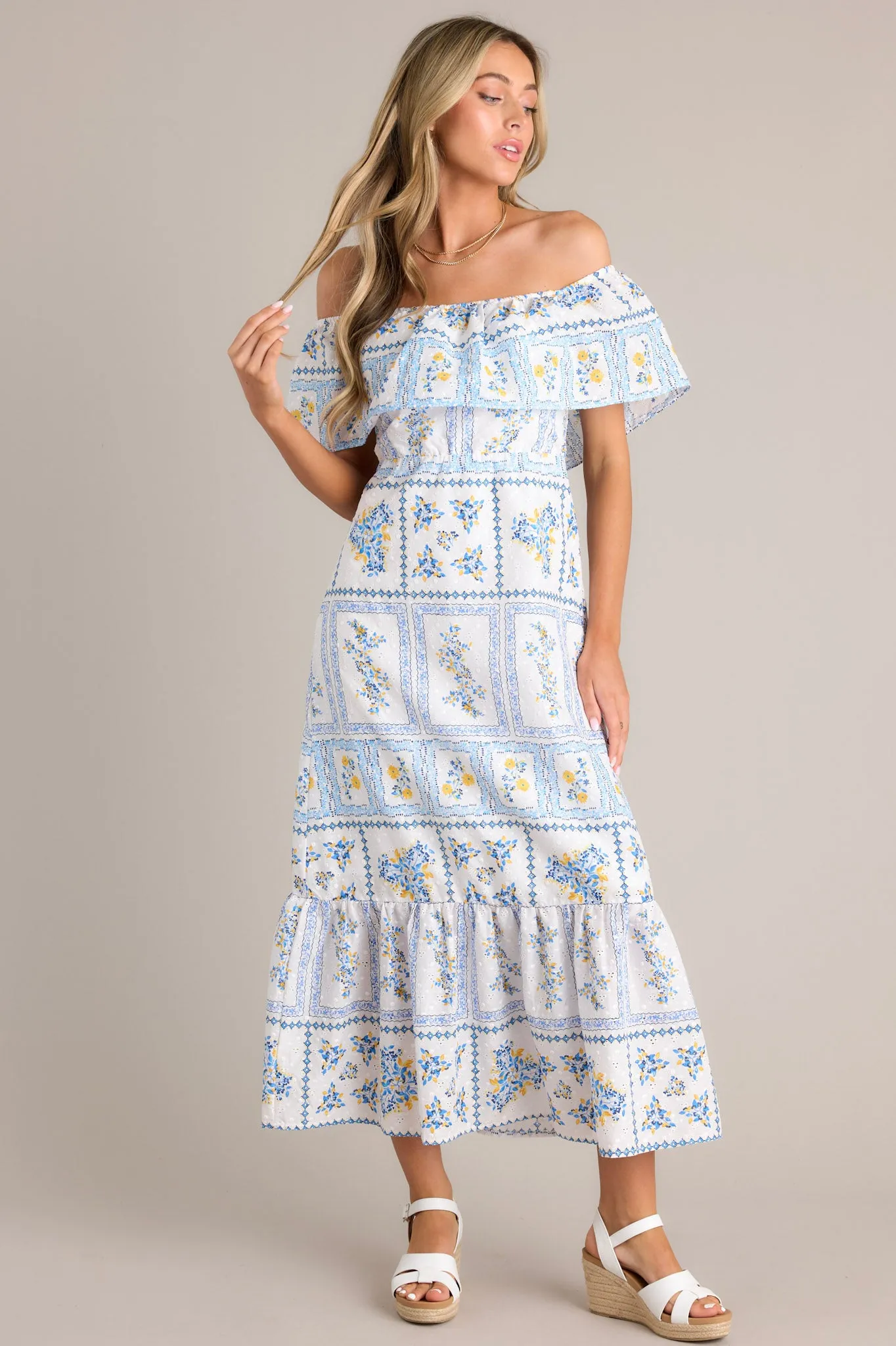 Sweet Serenity White & Blue Off The Shoulder Embroidered Maxi Dress