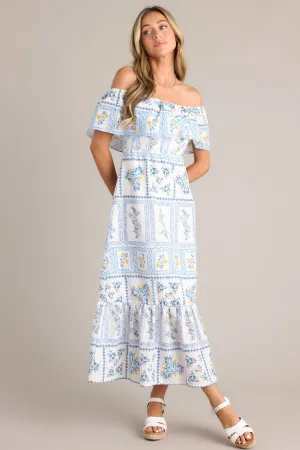 Sweet Serenity White & Blue Off The Shoulder Embroidered Maxi Dress