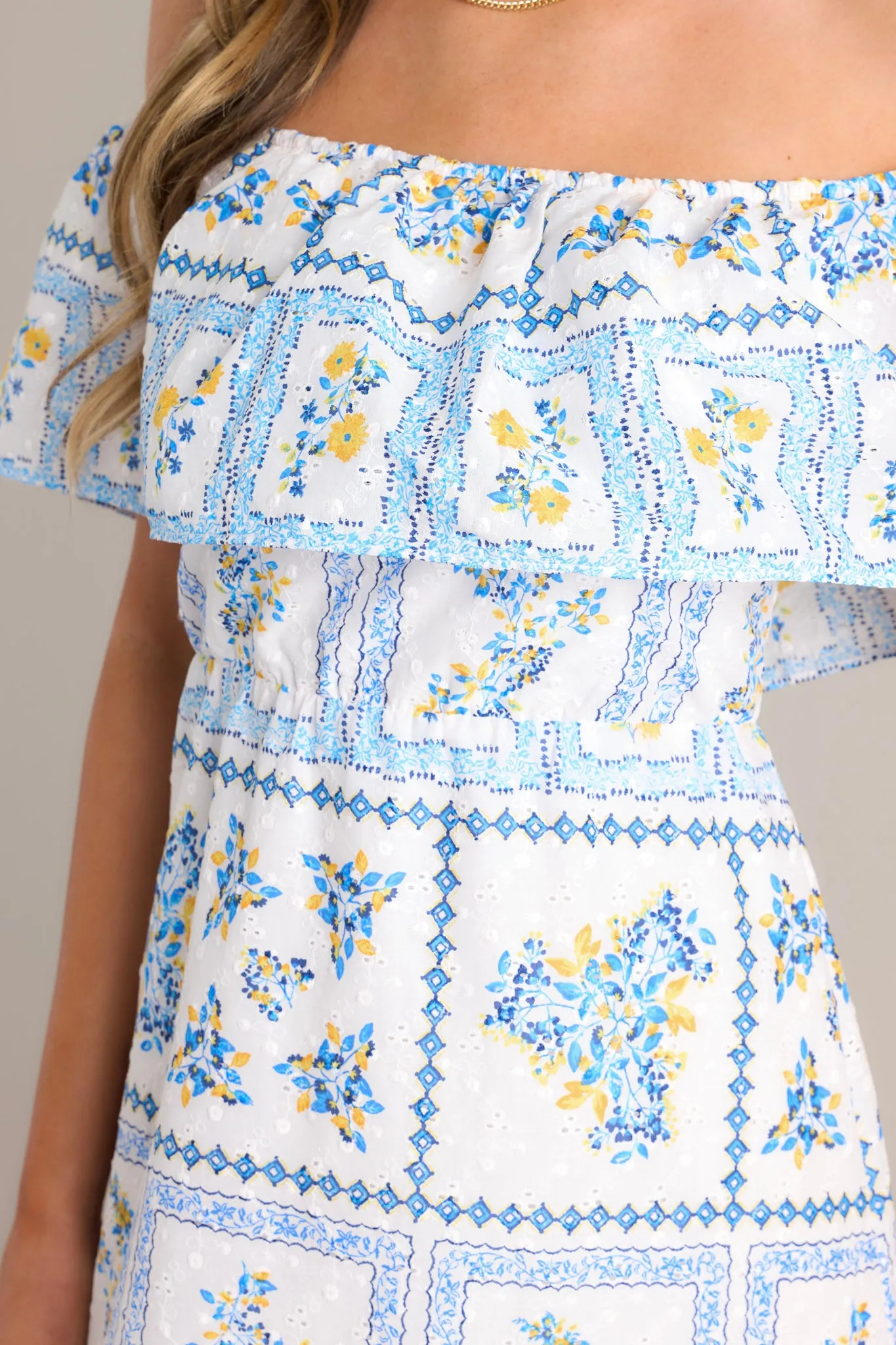 Sweet Serenity White & Blue Off The Shoulder Embroidered Maxi Dress
