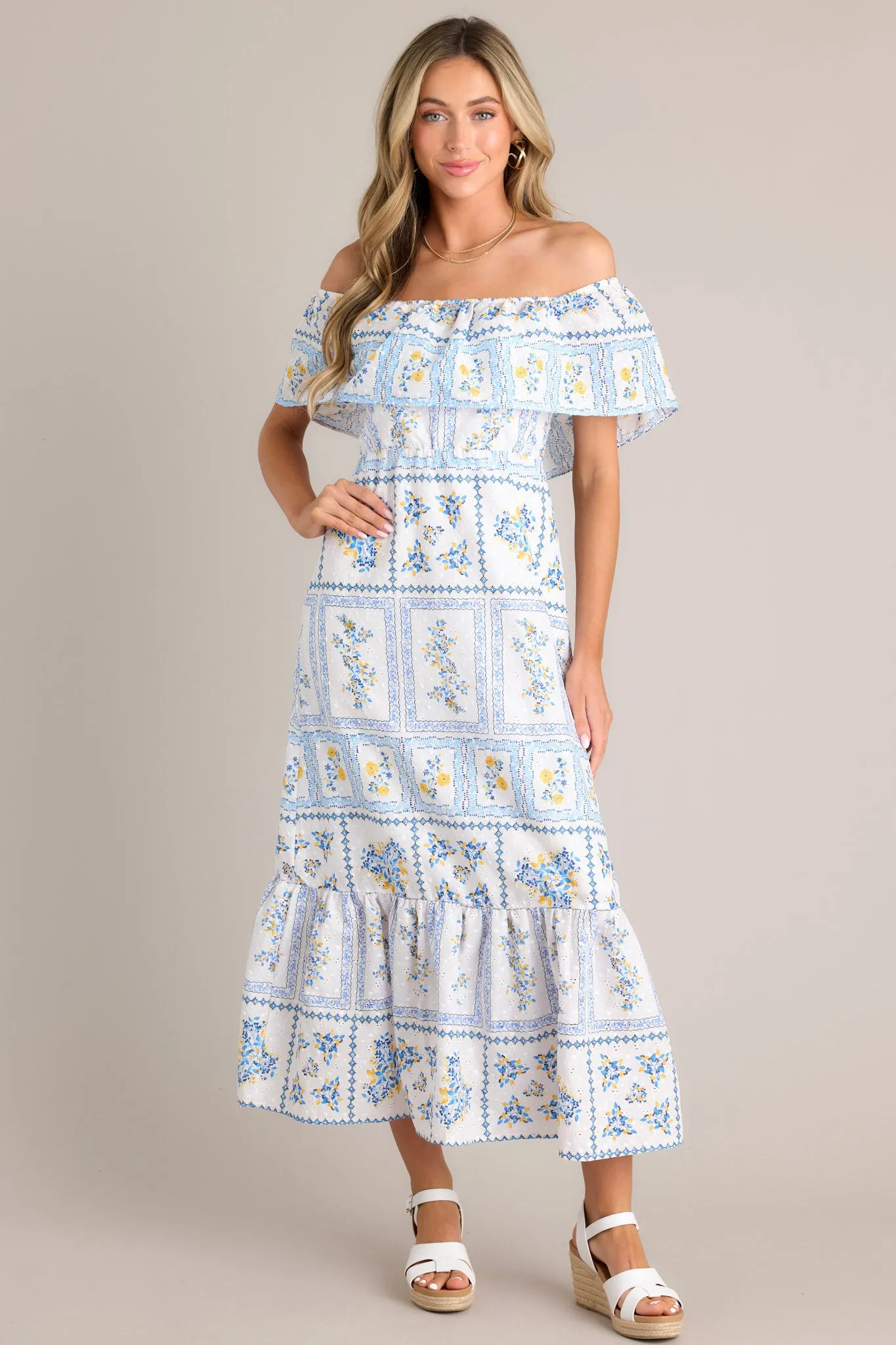 Sweet Serenity White & Blue Off The Shoulder Embroidered Maxi Dress